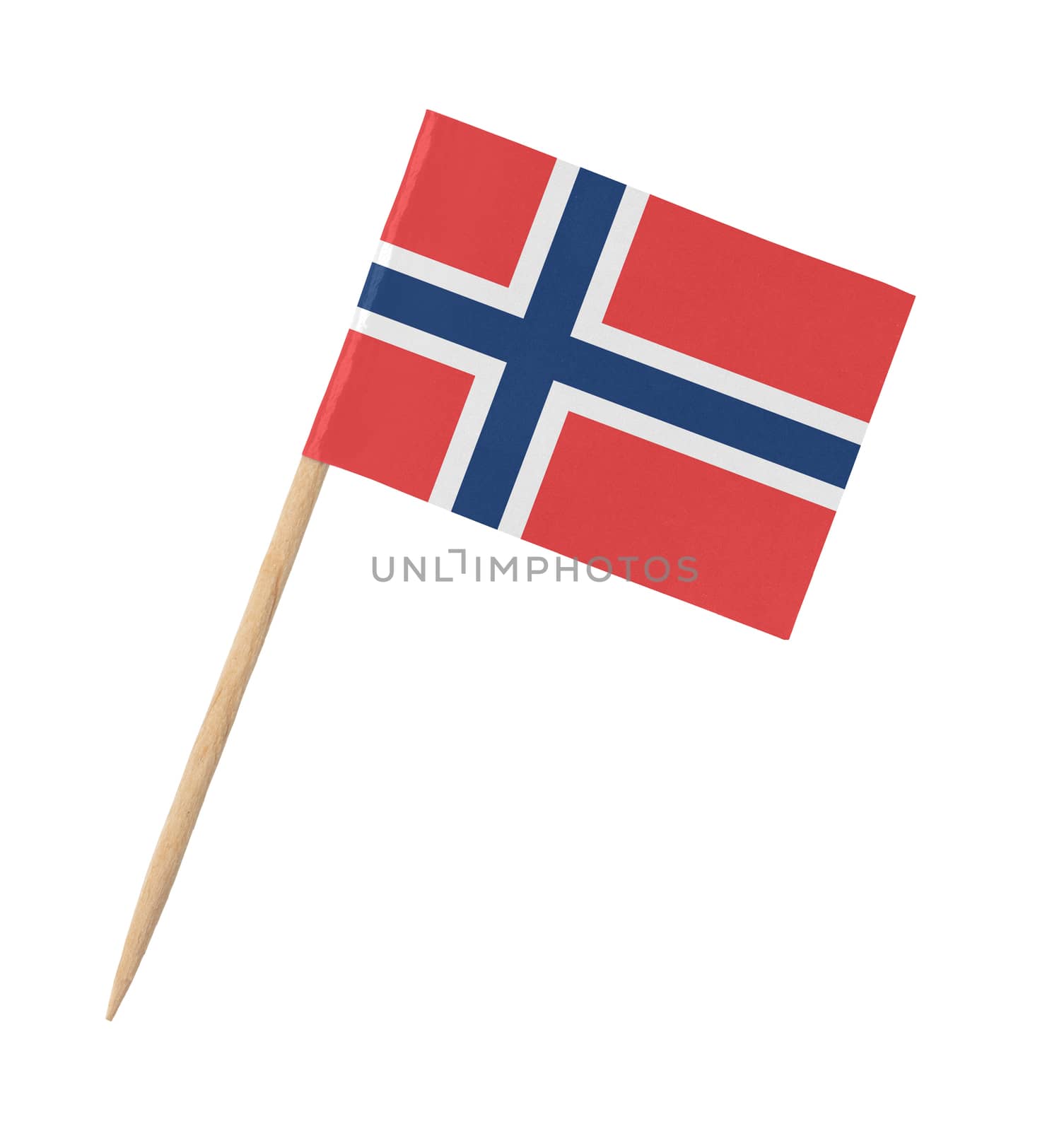 Small paper flag of Norway on wooden stick, isolated on white