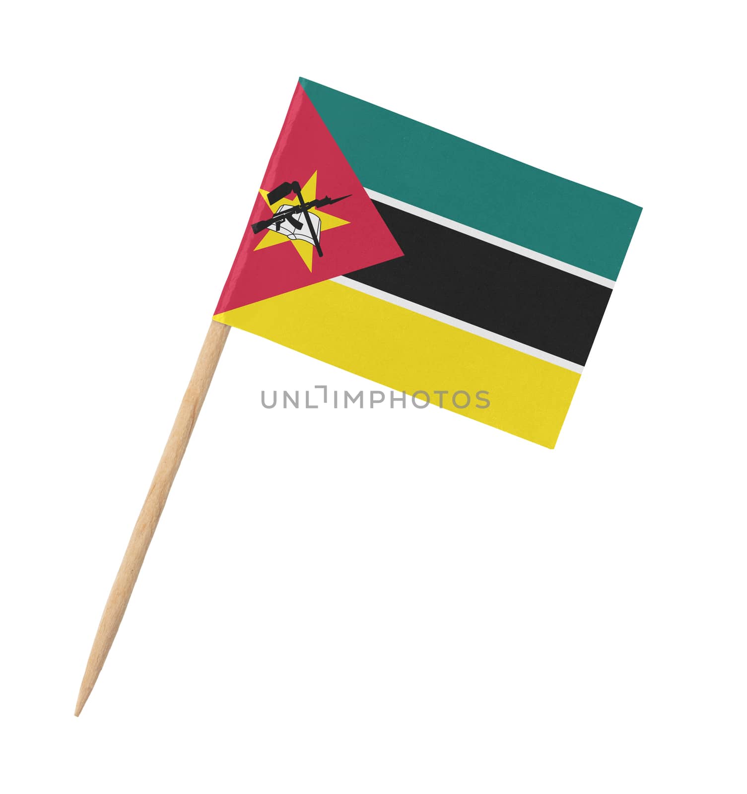 Small paper flag of Mozambique on wooden stick, isolated on white