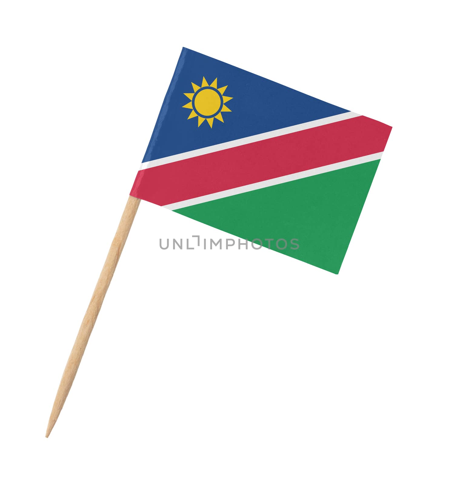Small paper flag of Namibia on wooden stick, isolated on white