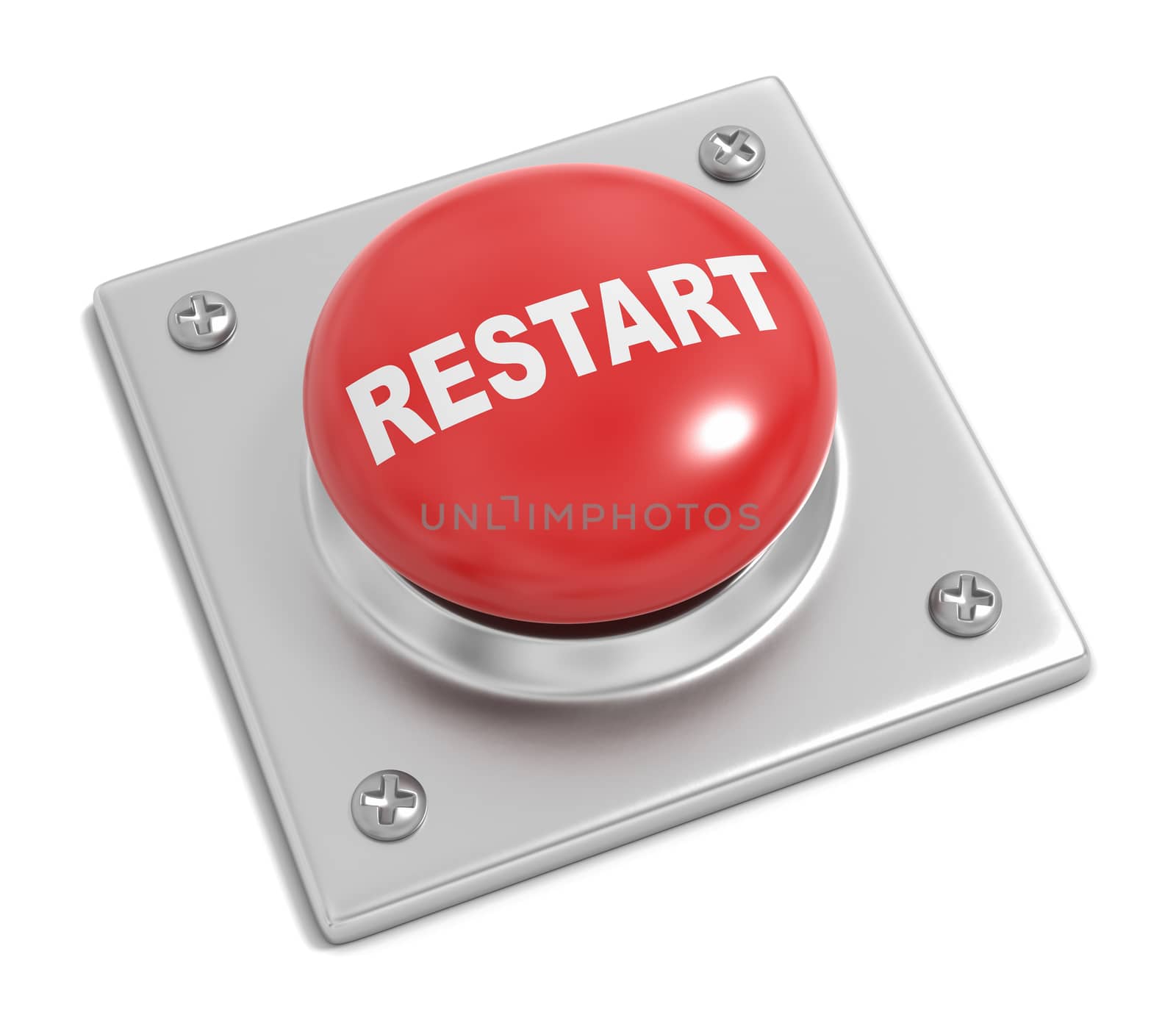 Red Button with Restart Text on White Background 3D Illustration