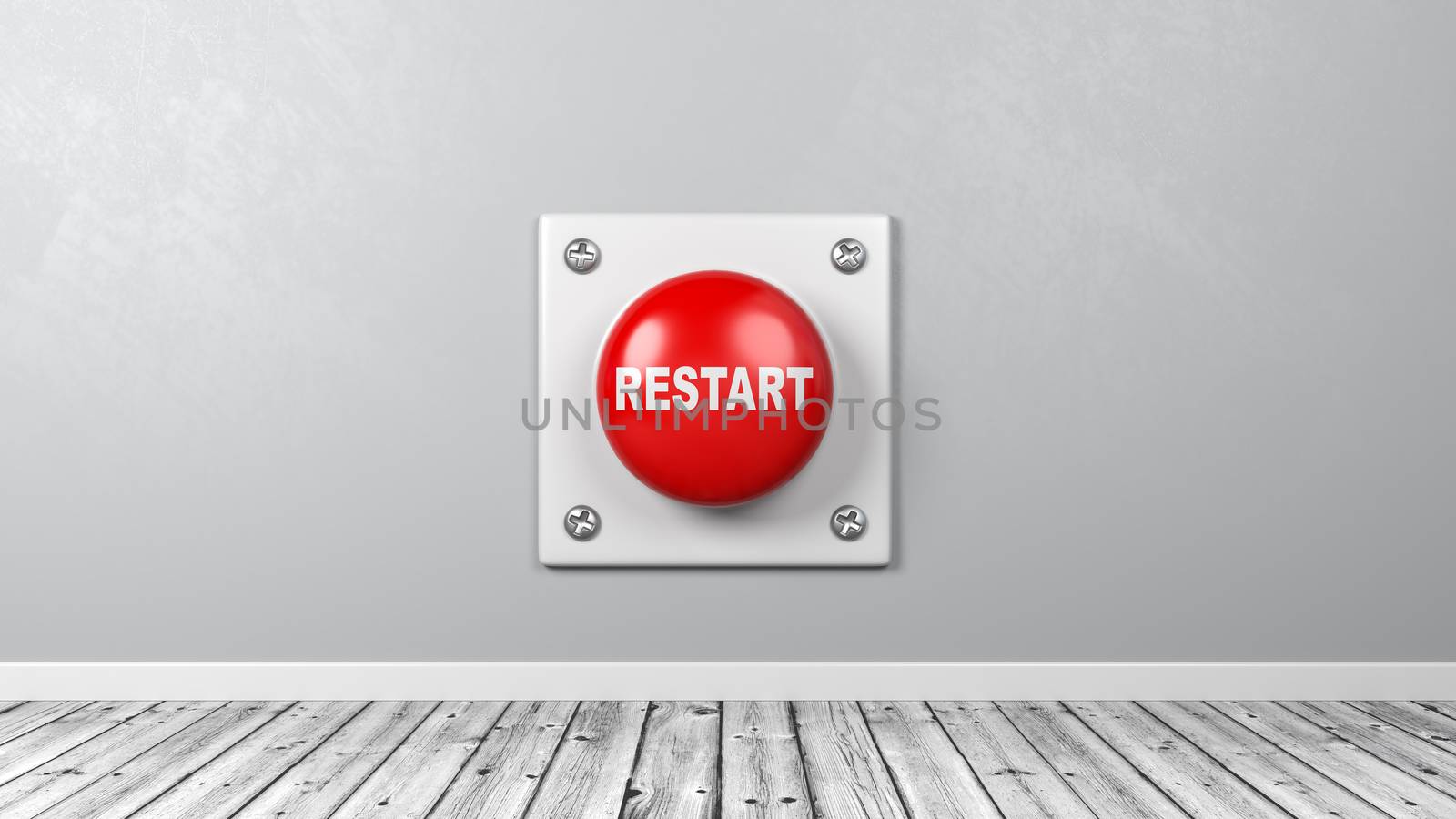 Red Button with Restart Text Against Gray Wall in the Room 3D Illustration