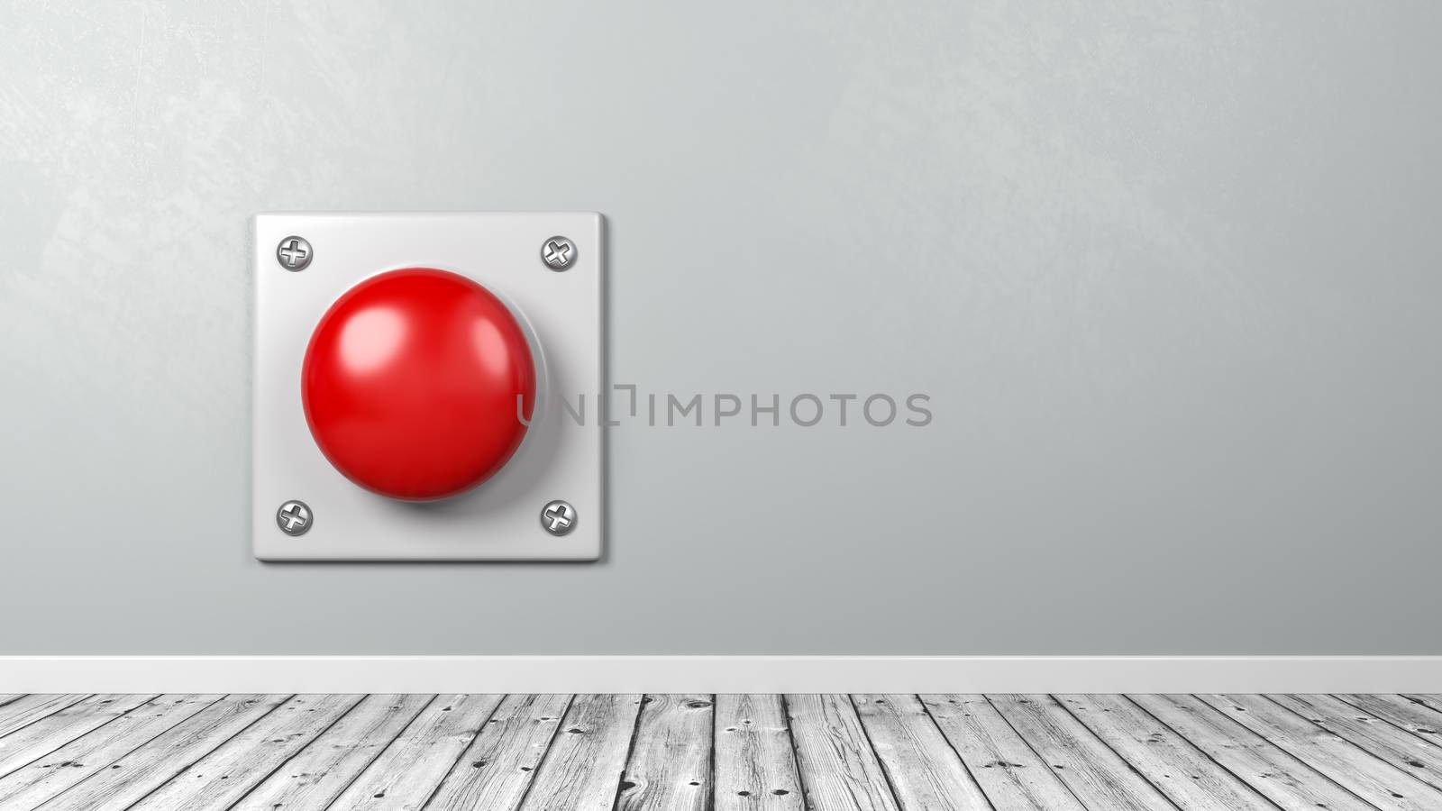 Red Button Against Gray Wall in the Room with Copy Space 3D Illustration