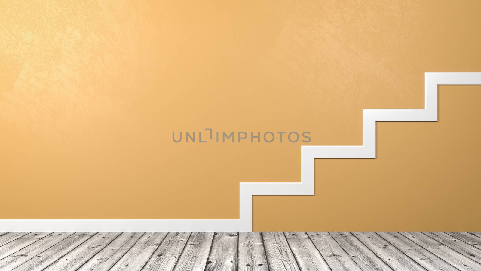 White Stairs Outline Shape on Wooden Floor Against Yellow Wall with Copyspace 3D Illustration