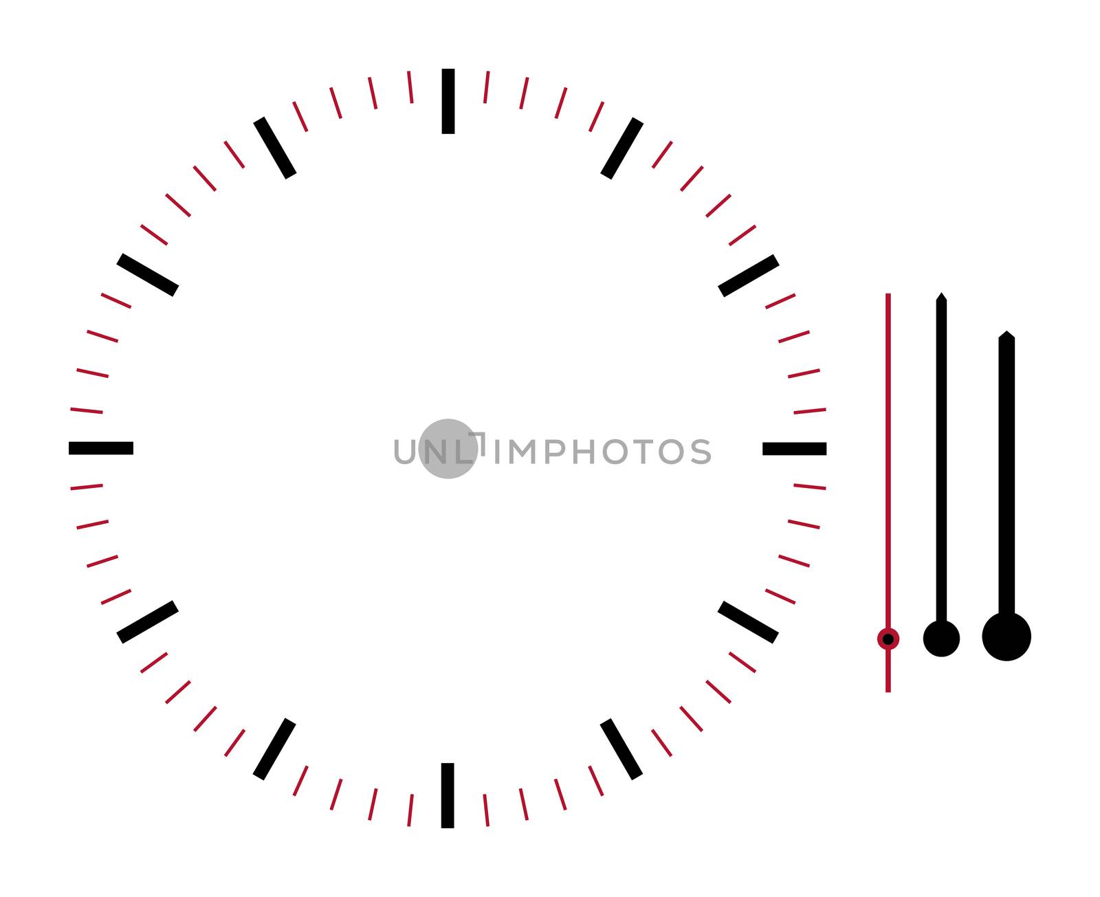 A clock face illustration with hour minute and second hands isolated on white background with clipping path