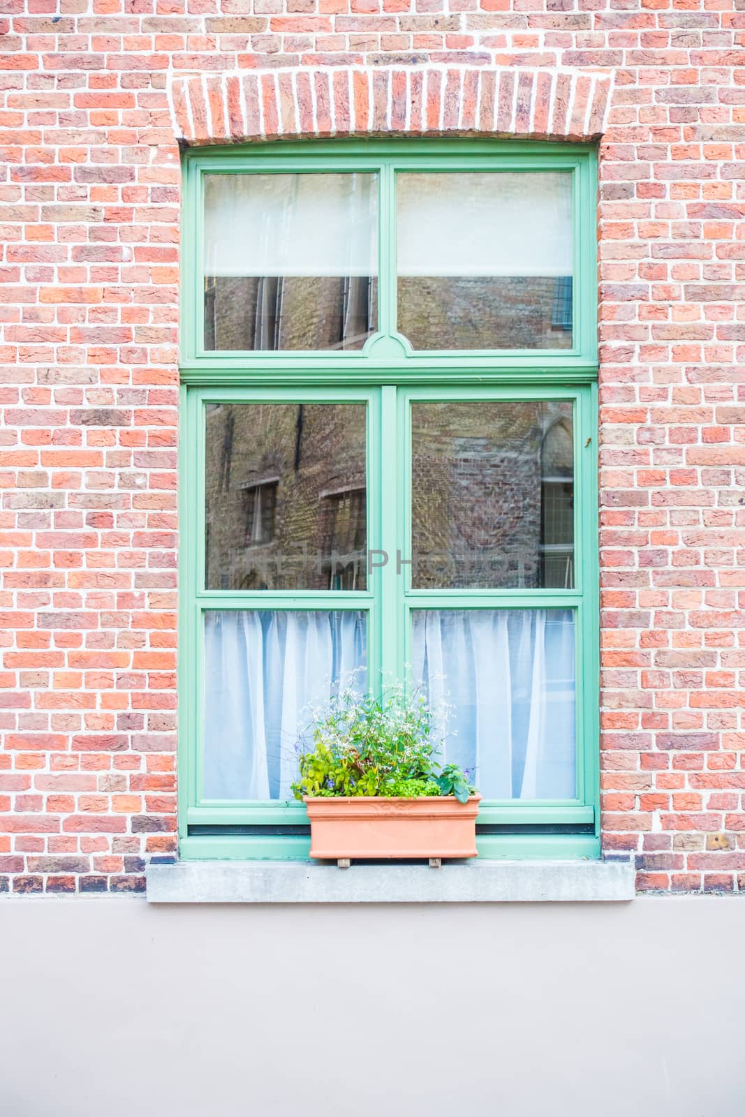 green painted wood arched window in a red brick wall . by paddythegolfer