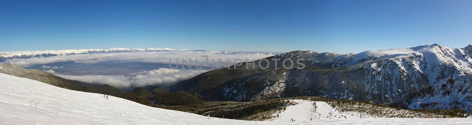 High mountain ski resort, panorama of mountain slopes
