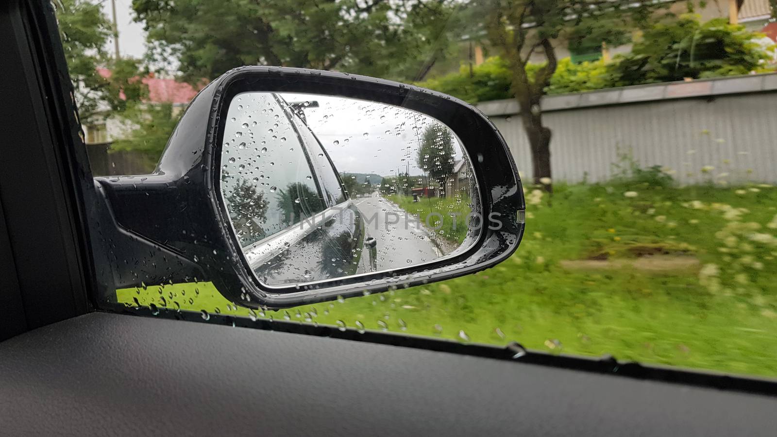 Car side mirror during rain,