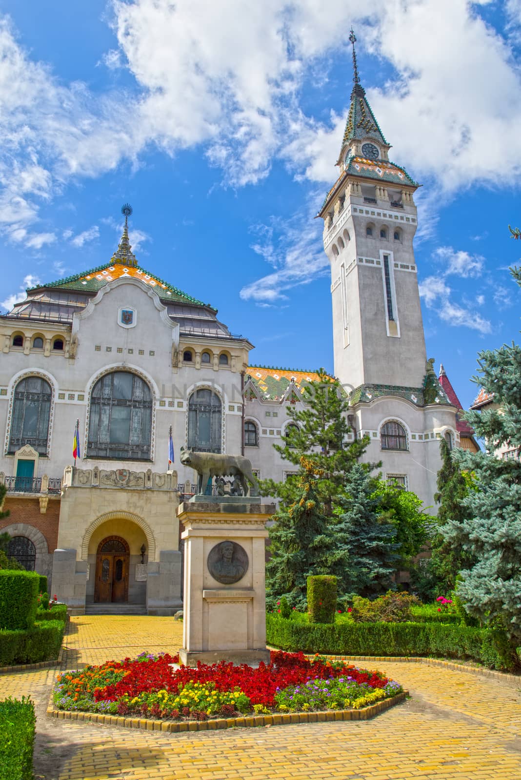 The Administrative Palace of Targu Mures. The statue is a replica of Capitoline Wolf.