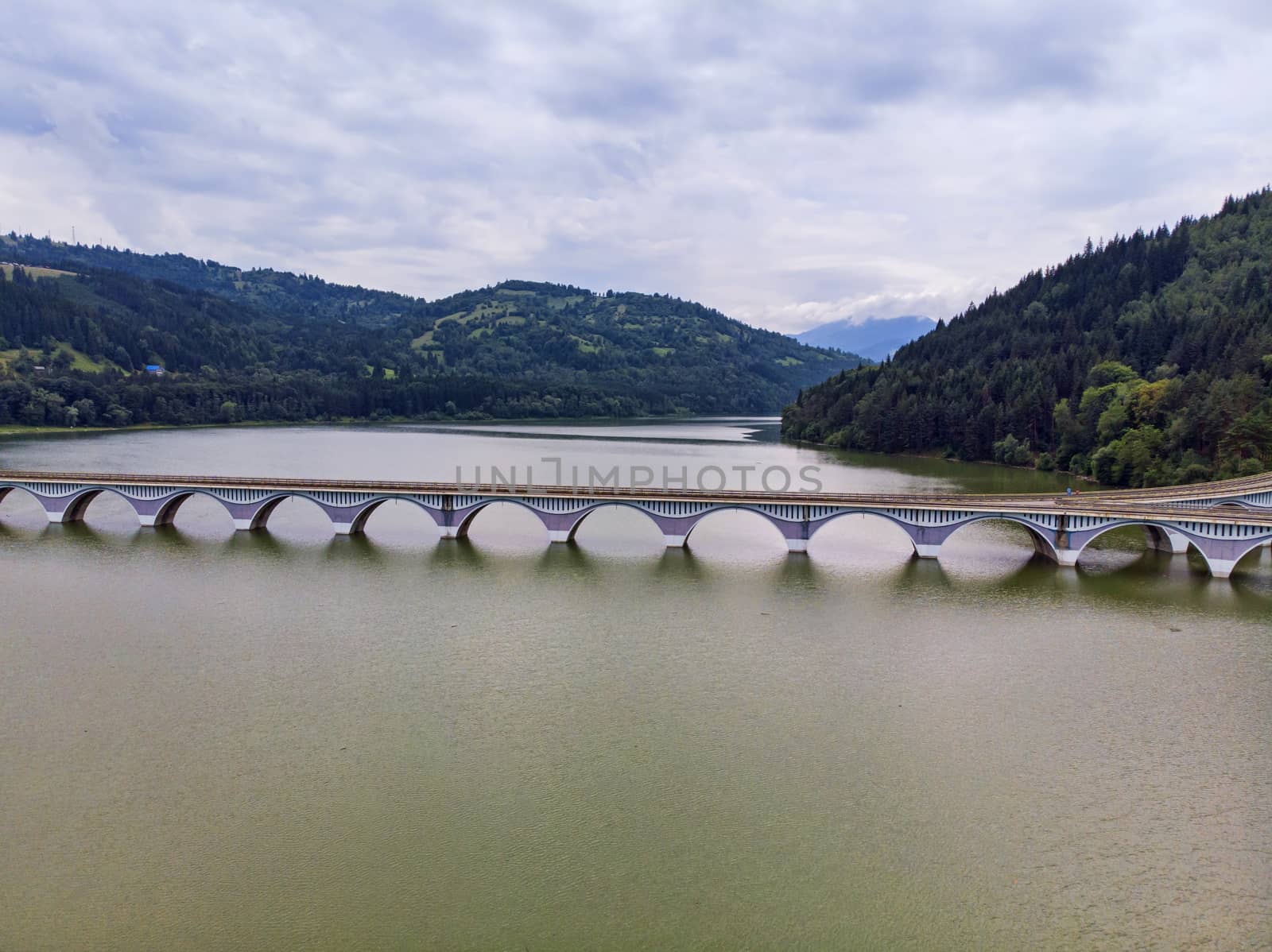 Panorama of a viaduct and river on a mountain valley, Bicaz Lake in Romania