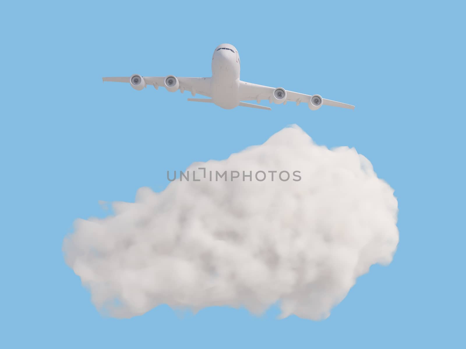 Airplane with cloud on pastel blue background. Travel concept. 3d rendering.