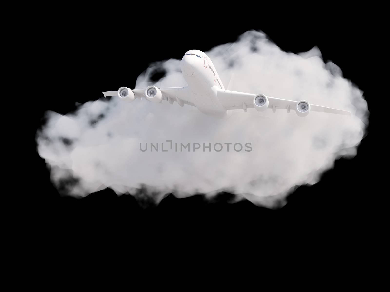 Airplane with cloud on pastel black background. Travel concept. 3d rendering.