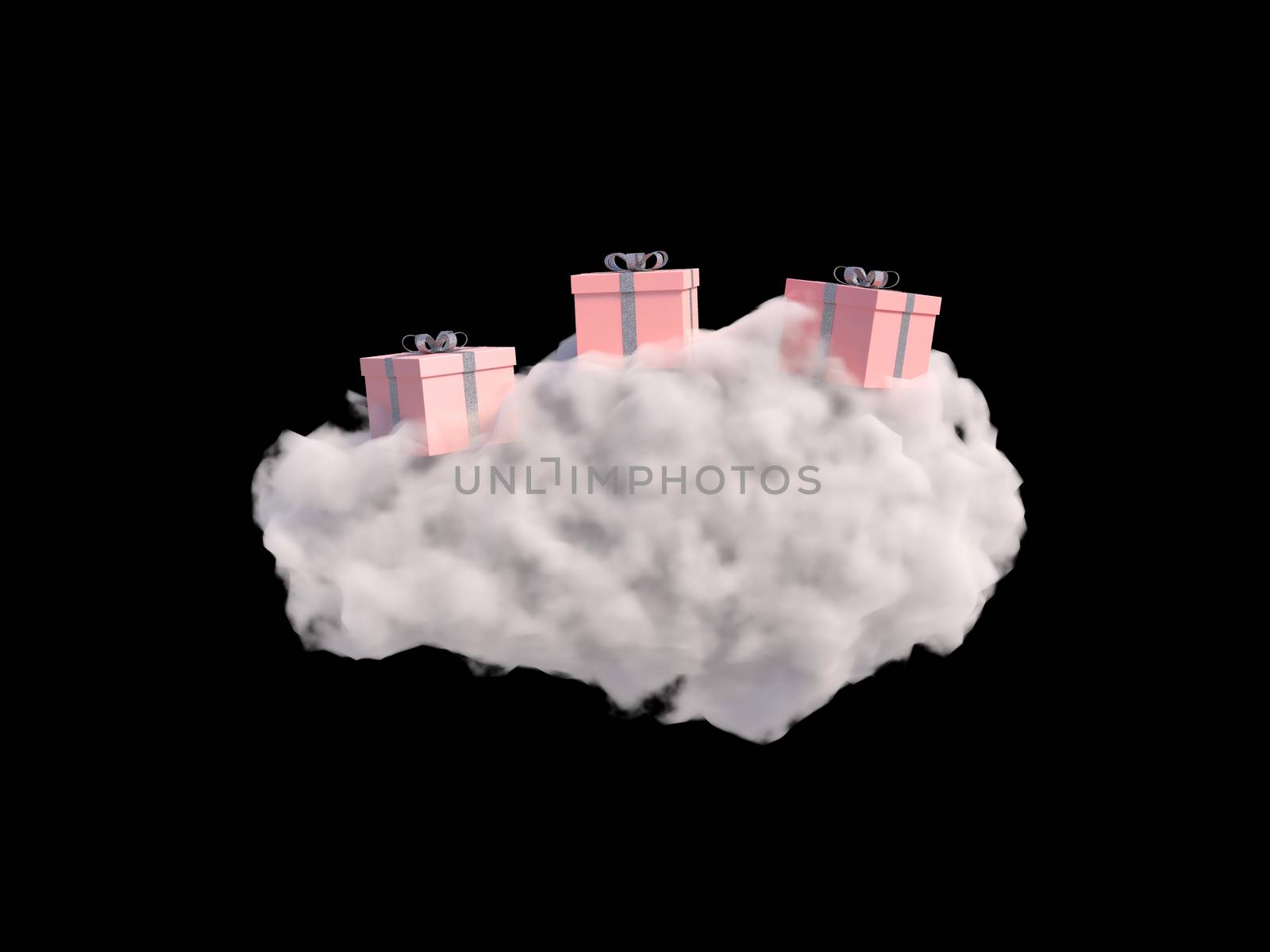 Gift box on the cloud on black background. 3d rendering.