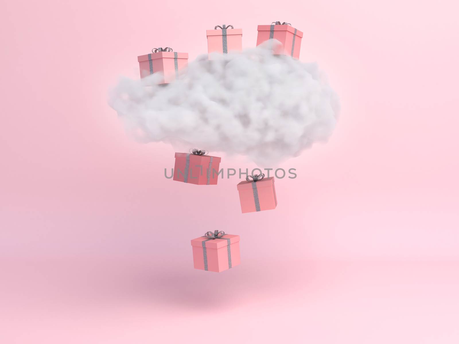 Cloud with gift box rain on pastel pink background. Creative idea. Minimal concept. 3d rendering.
