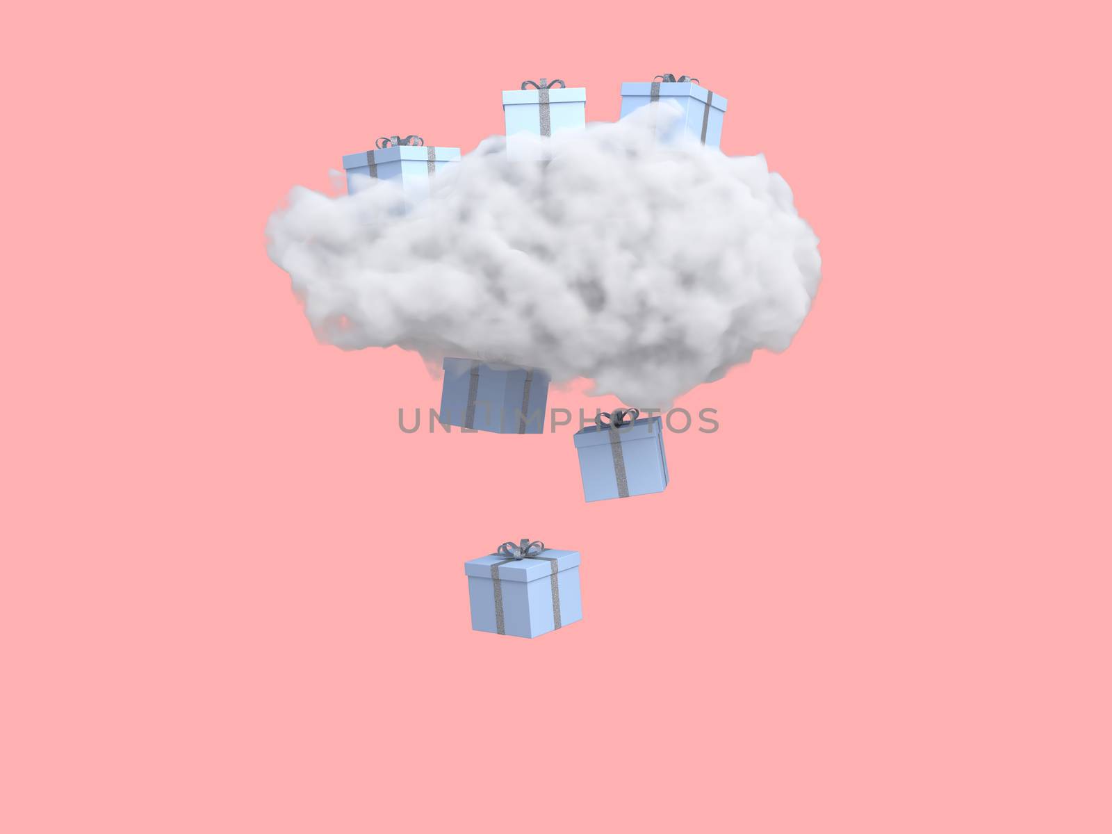 Cloud with gift box rain on pastel pink background. Creative idea. Minimal concept. 3d rendering.