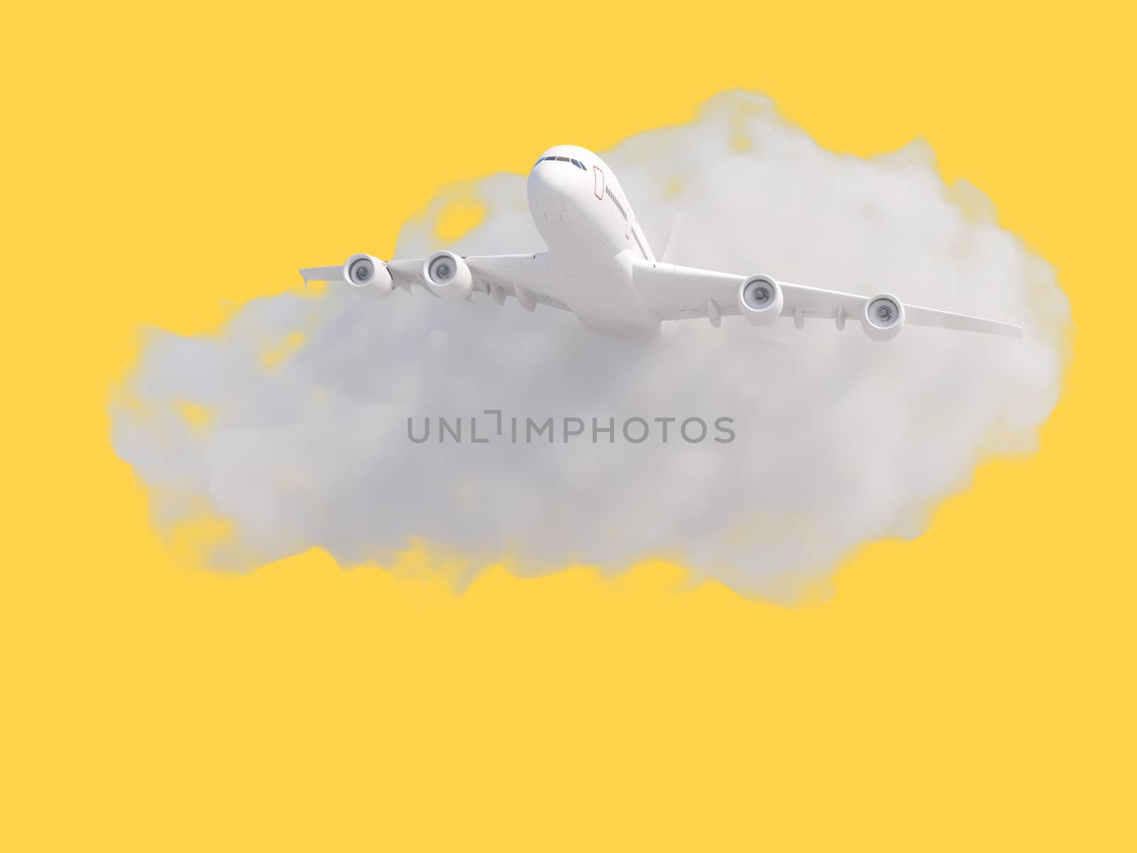 Airplane with cloud on pastel yellow background. Travel concept. 3d rendering.