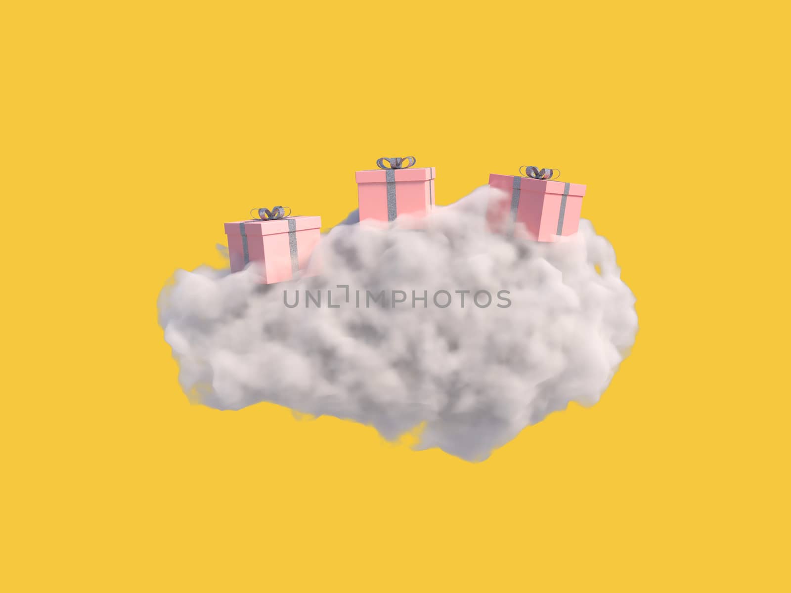 Gift box on the cloud on yellow background. 3d rendering.