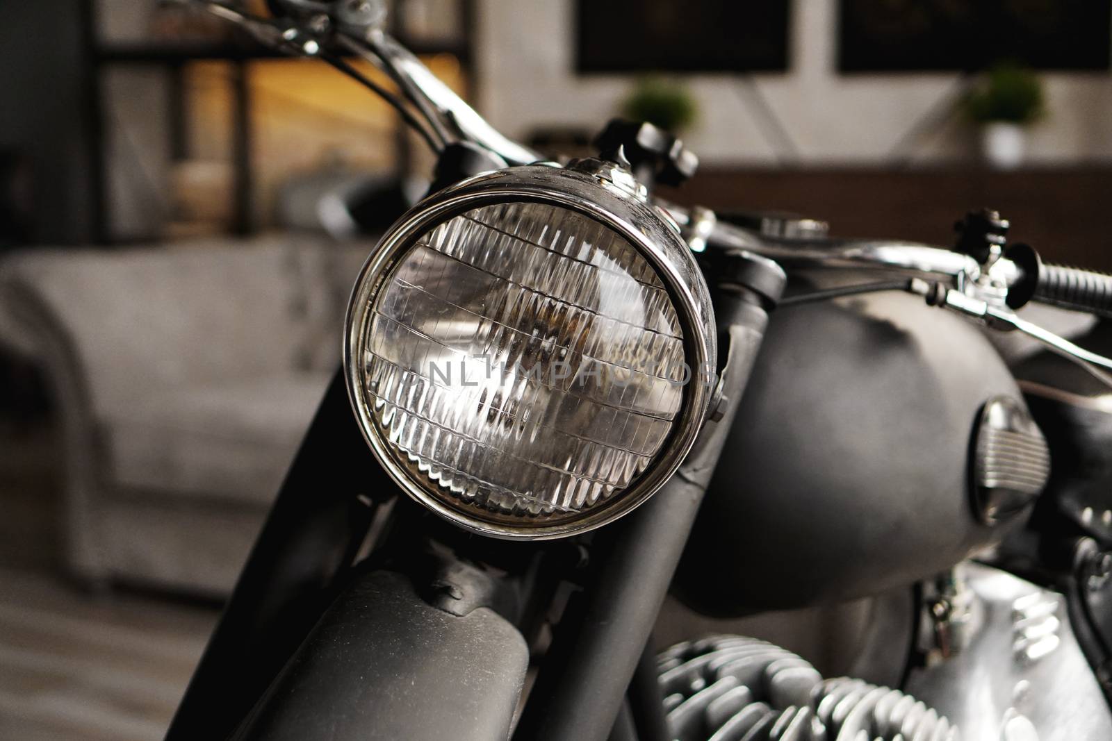 Motorcycle close-up in the room. Photo from the studio