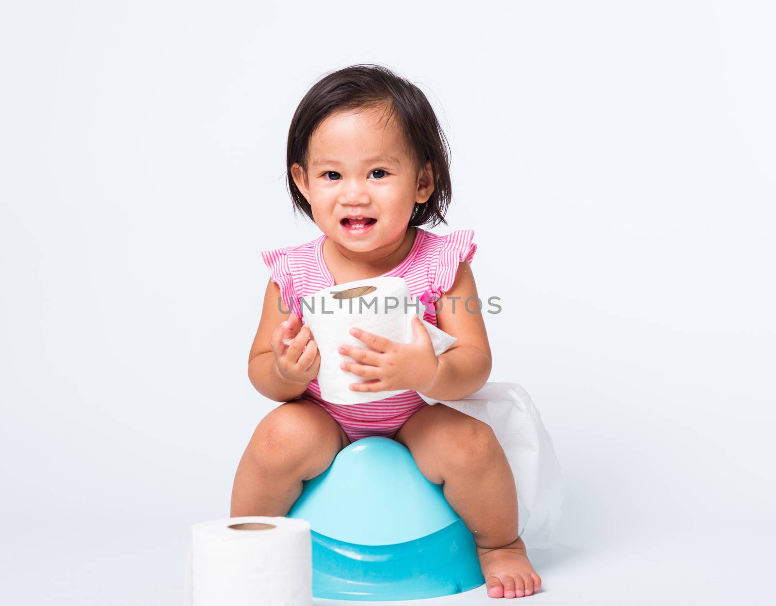 little cute baby child girl education training to sitting on blu by Sorapop