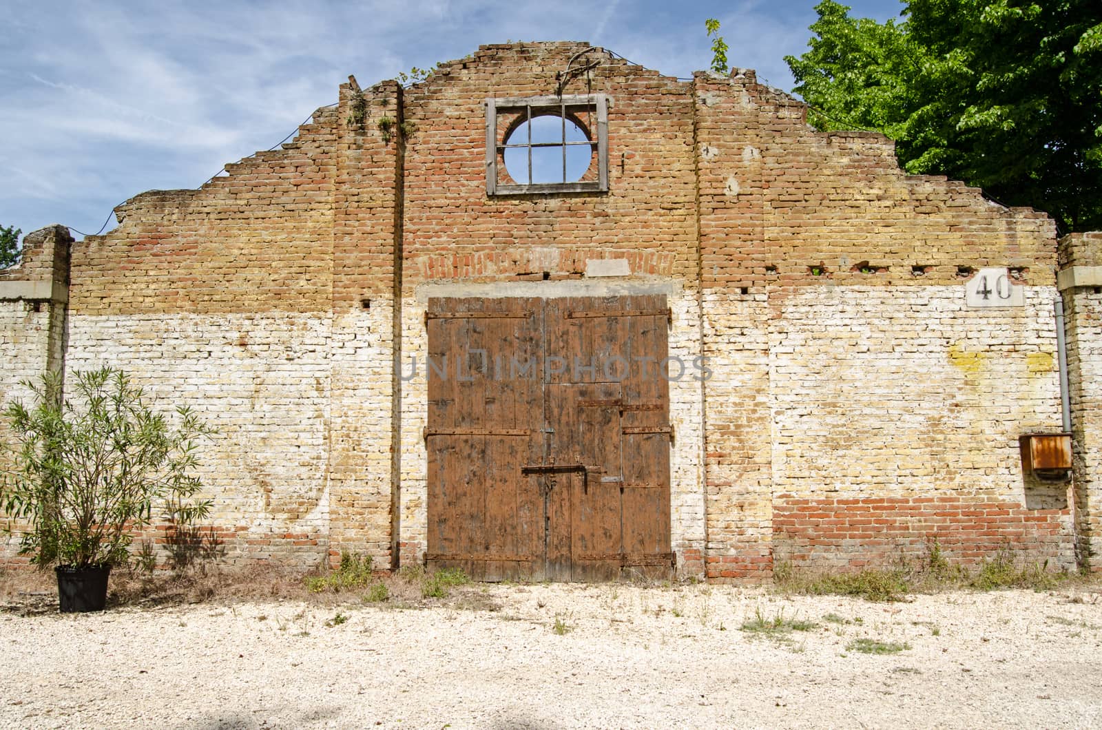 Facade of a disused building at the historic Forte Marghera in Venice, Italy.