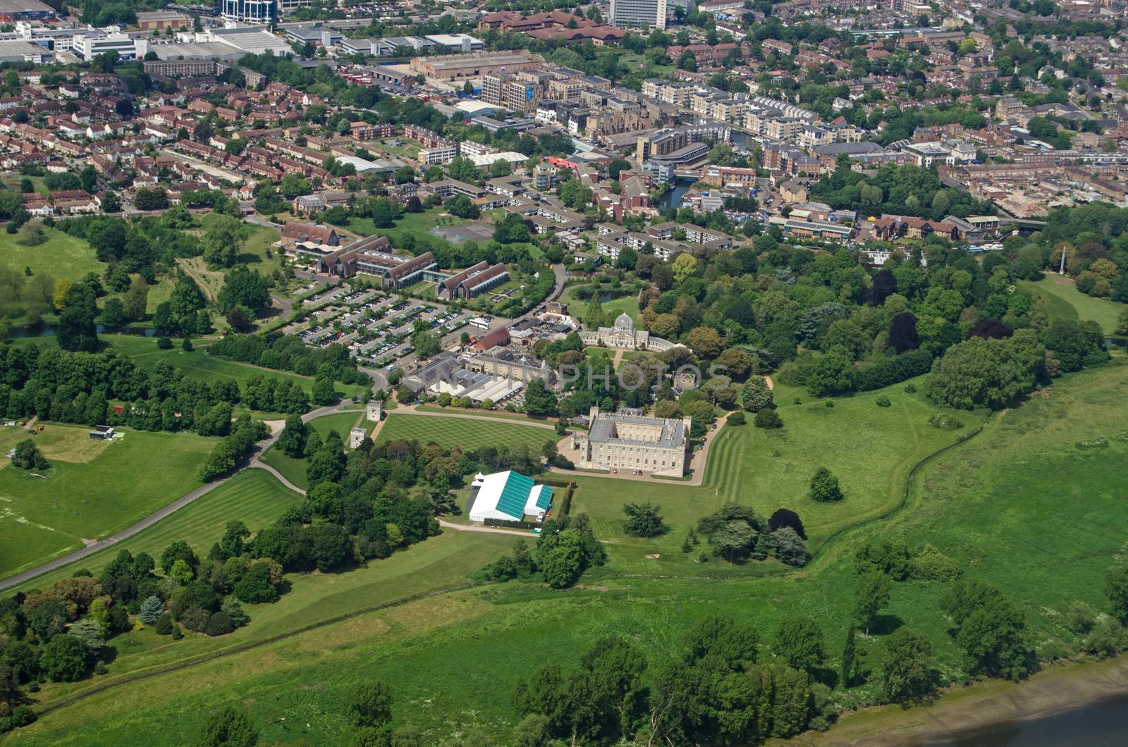 Aerial view of the historic Syon House and Park in Brentford, West London on a sunny summer day.  