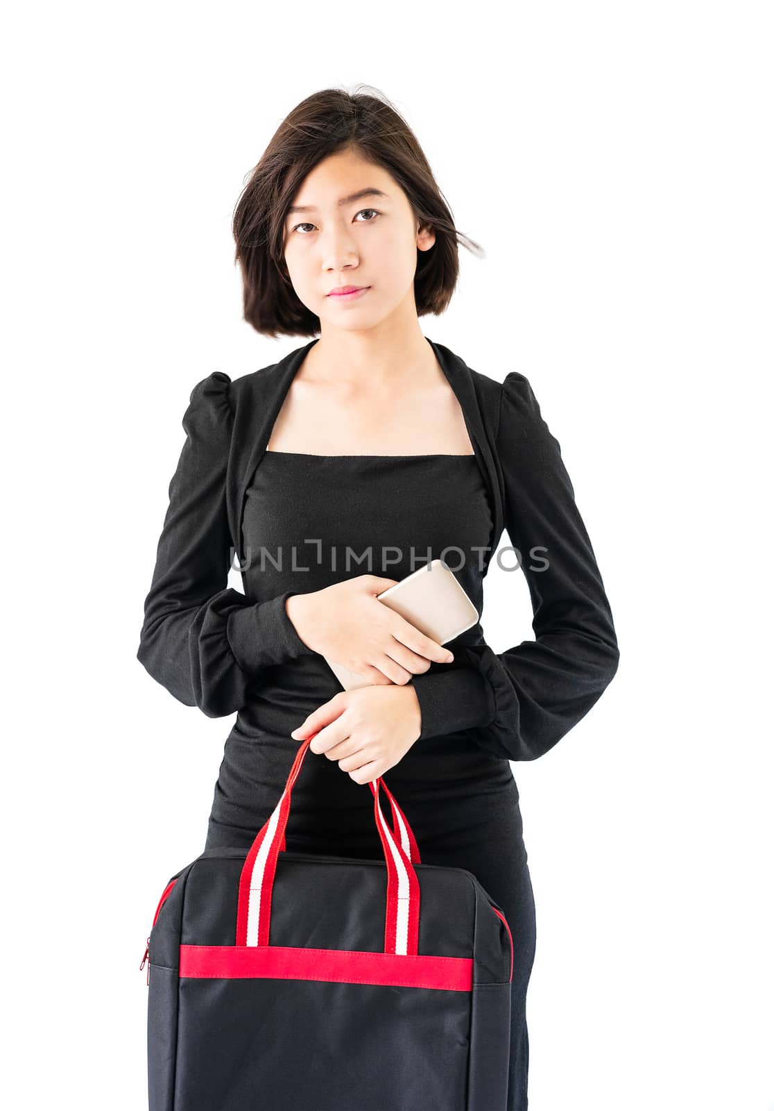 Woman carrying black shopping bag  isolate on white background