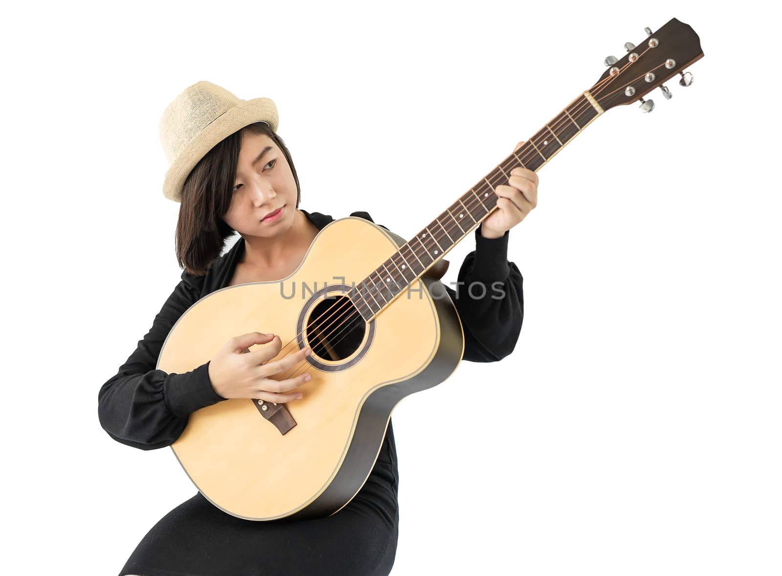 Young asia woman hold guitar guitar folk song in her hand isolate on white background