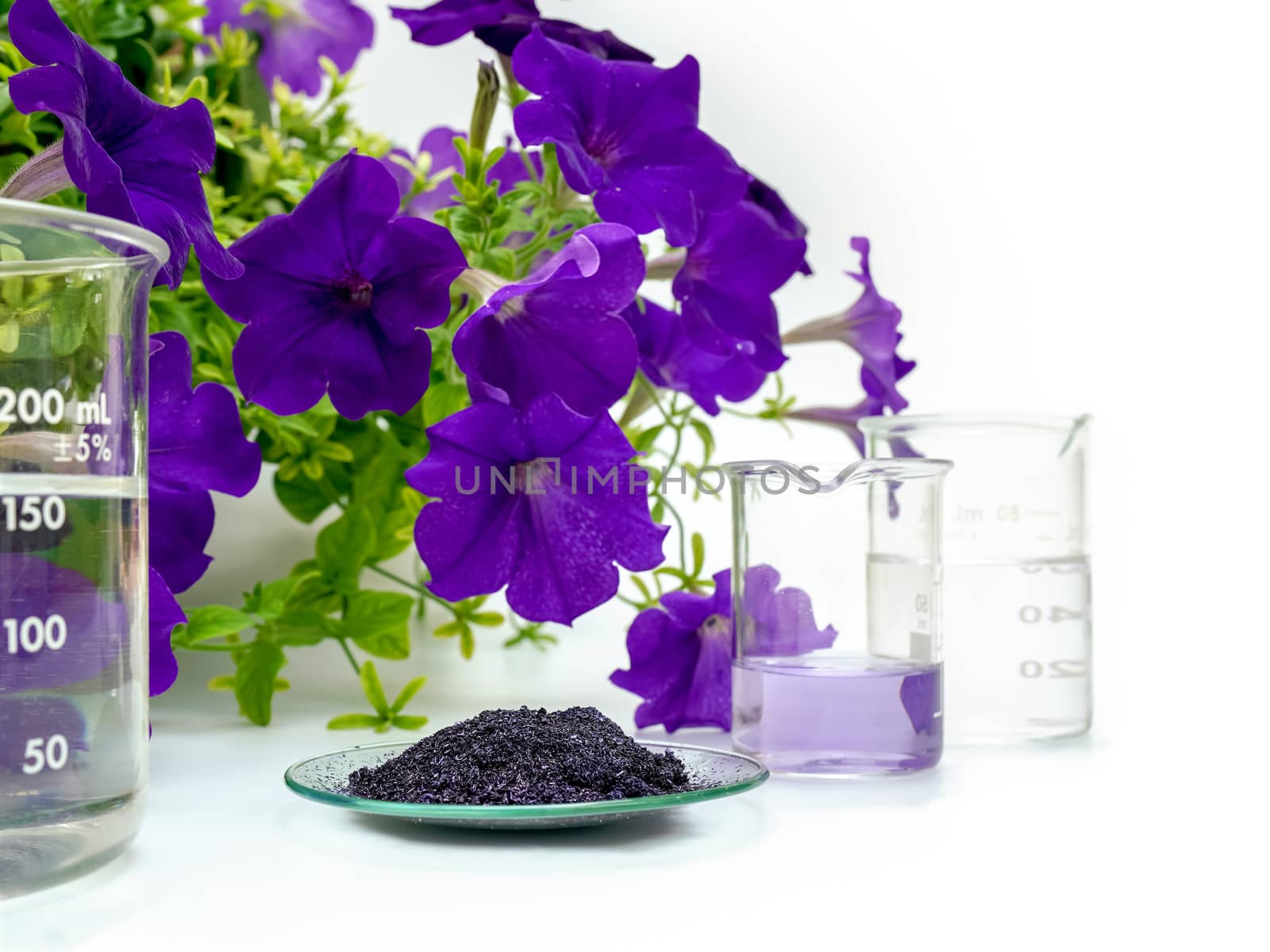 Cosmetic chemicals ingredient on white laboratory table. Potassium permanganate (KMnO4), Nickle Chloride, Alcohol 