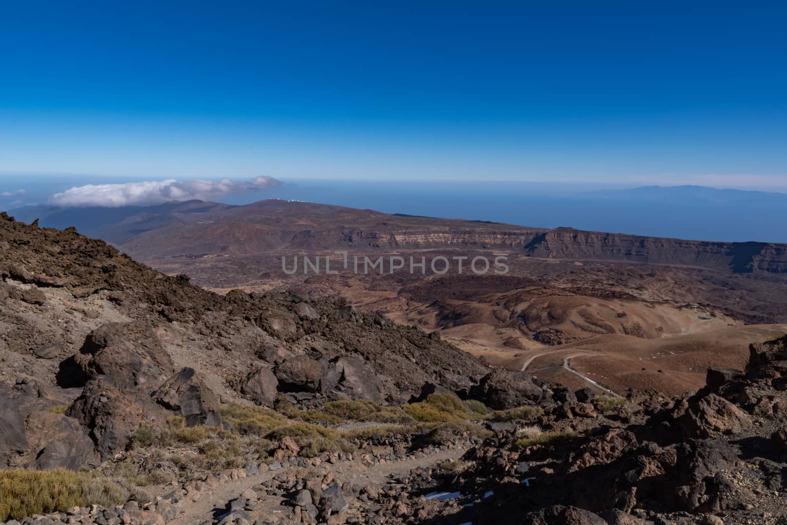 View from Teide то Las Canadas Caldera volcano with solidified lava and Montana Blanca mount. Teide national Park, Tenerife, Canary Islands, Spain. Panorama