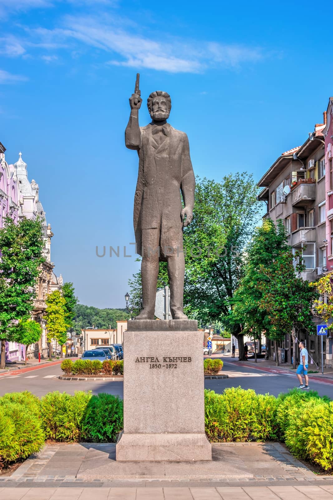 Ruse, Bulgaria - 07.26.2019. Monument to Angel Kanchev in the city of Ruse, Bulgaria, on a sunny summer day