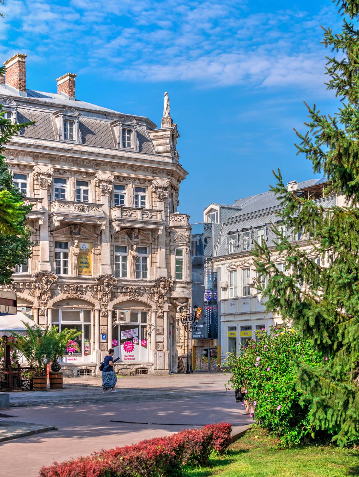 Ruse, Bulgaria - 07.26.2019. Famous old house in the central square of Ruse in Bulgaria, on a sunny summer day