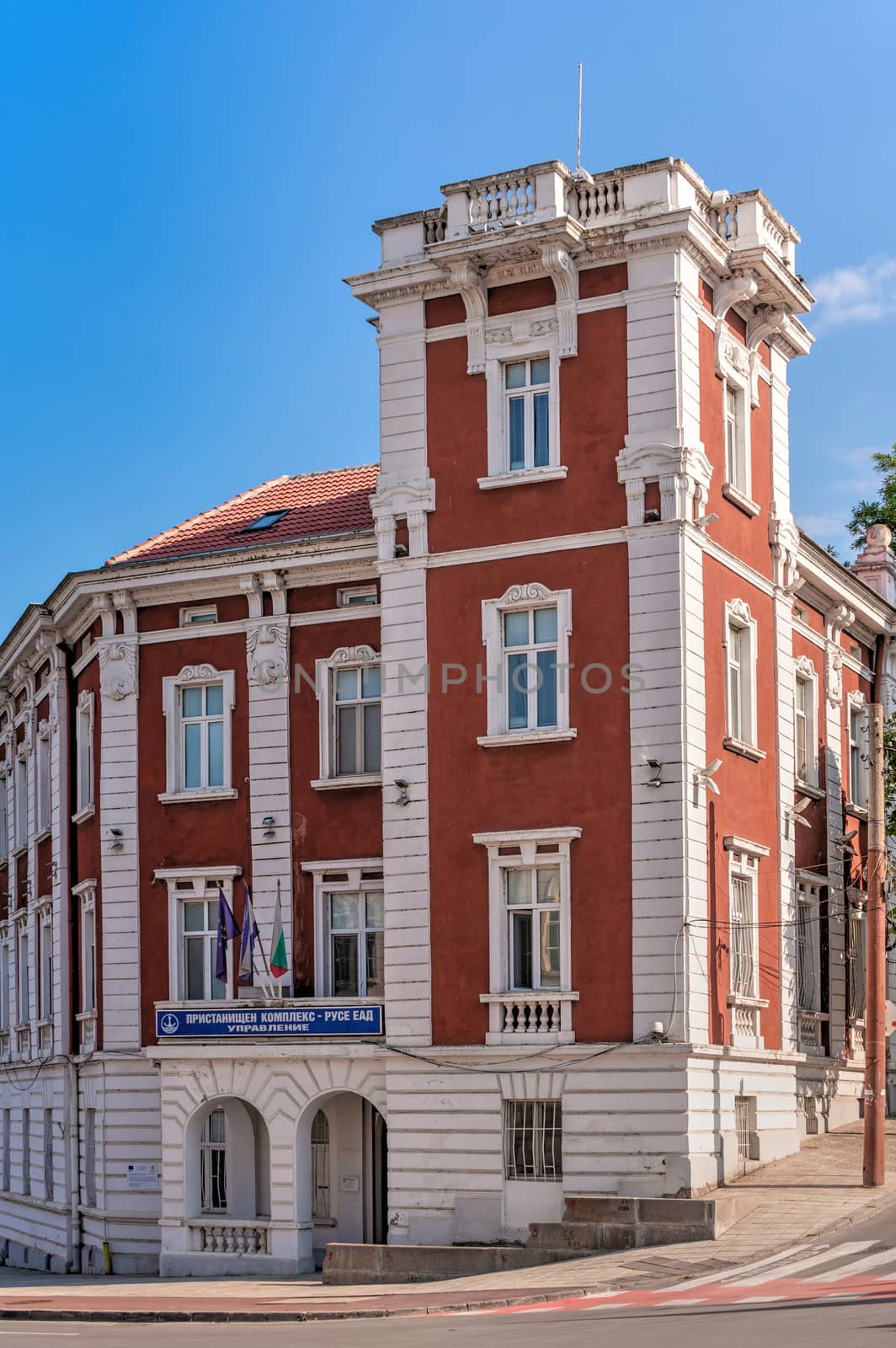 Ruse, Bulgaria - 07.26.2019. Port complex on the Danube river in the city of Ruse, Bulgaria, on a sunny summer day