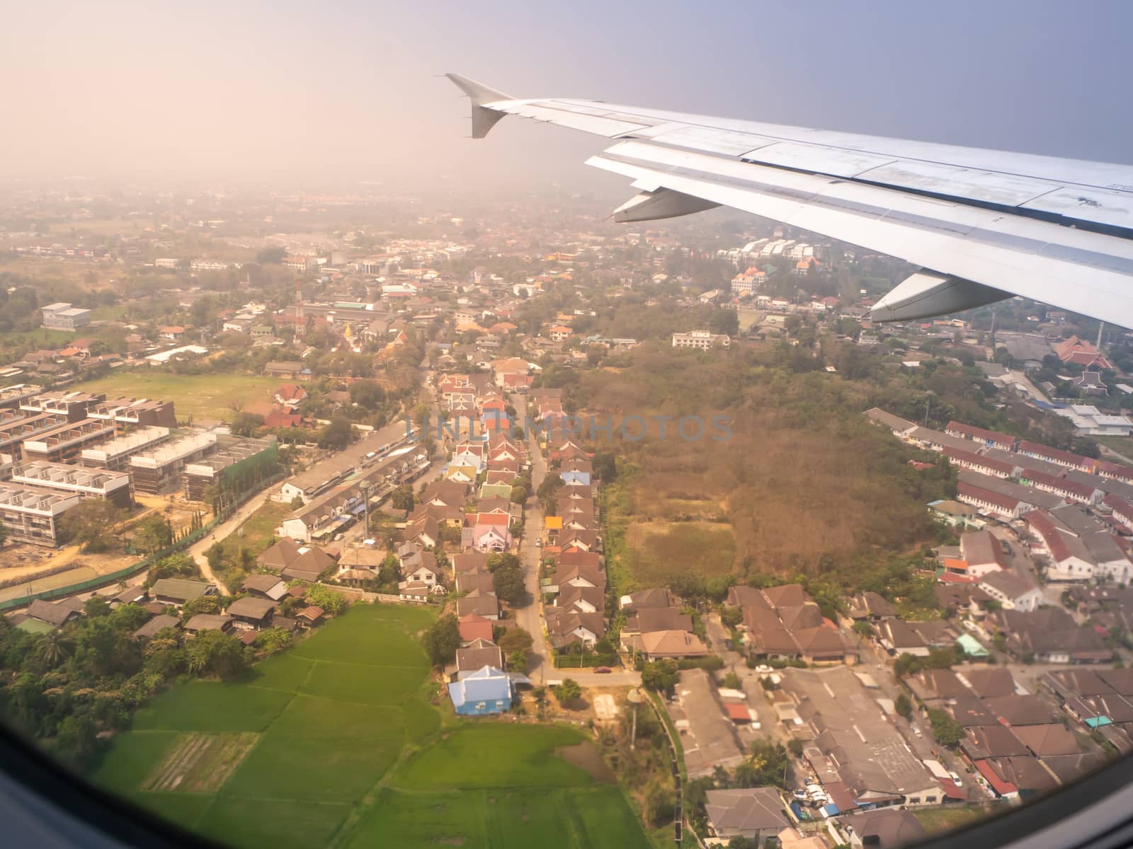 The looking at aircraft wing view from windows