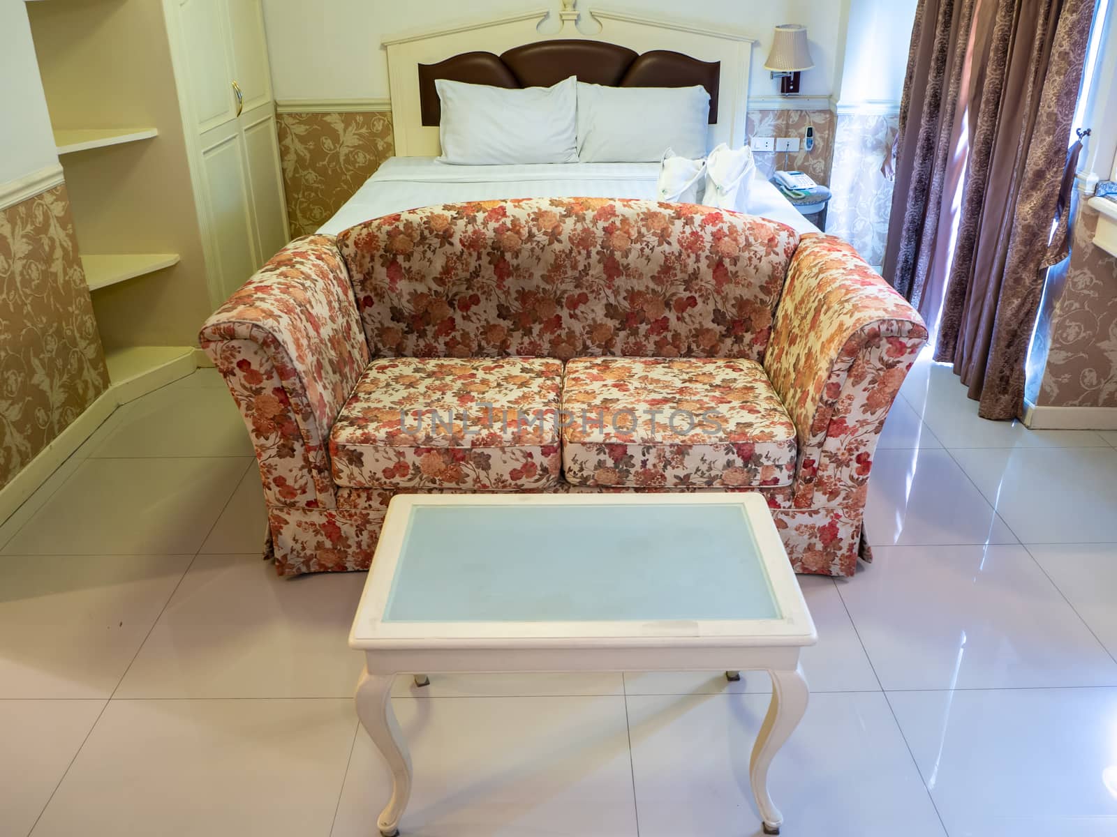The Interior of a luxury double bed hotel bedroom