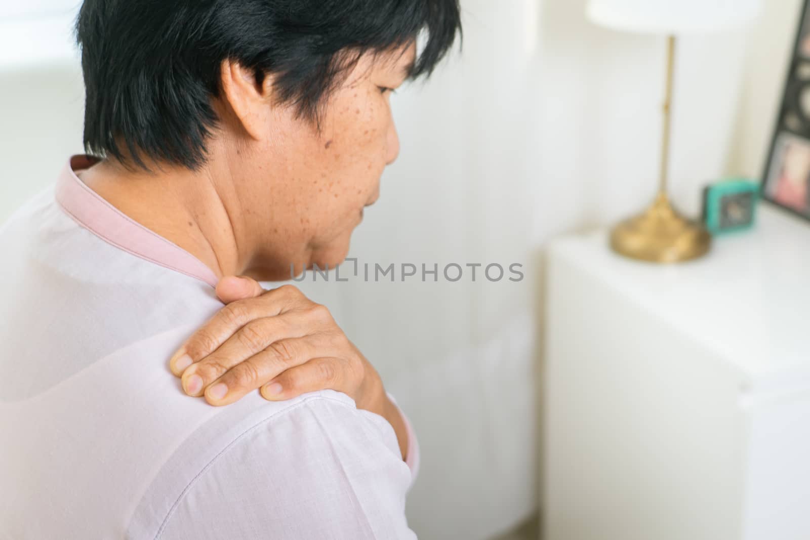 neck and shoulder pain of old woman, healthcare problem of senior concept