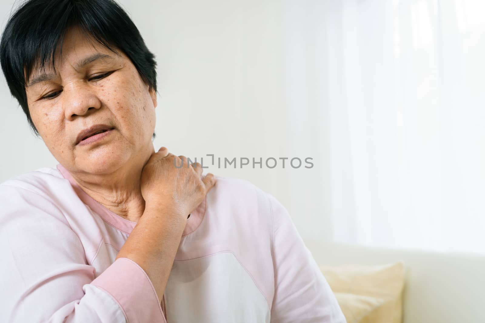 neck and shoulder pain of old woman, healthcare problem of senior concept