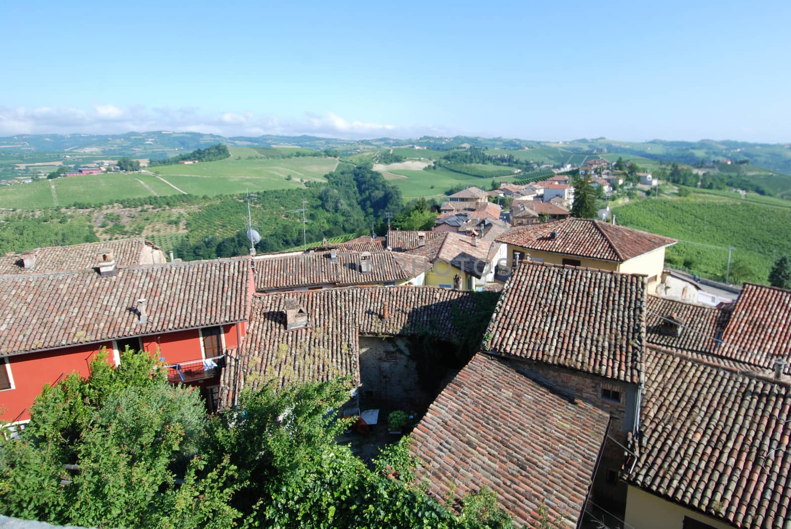 Overview of Serralunga d'Alba with roofs of houses, Piedmont - Italy