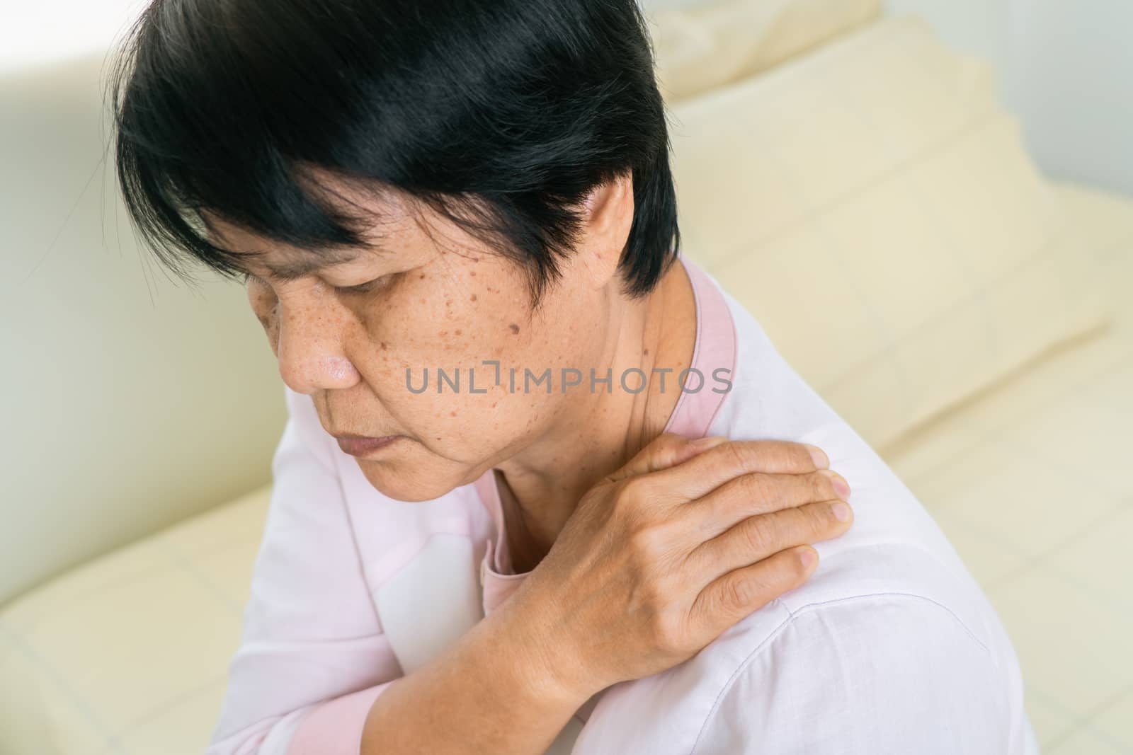 neck and shoulder pain of old woman, healthcare problem of senior concept