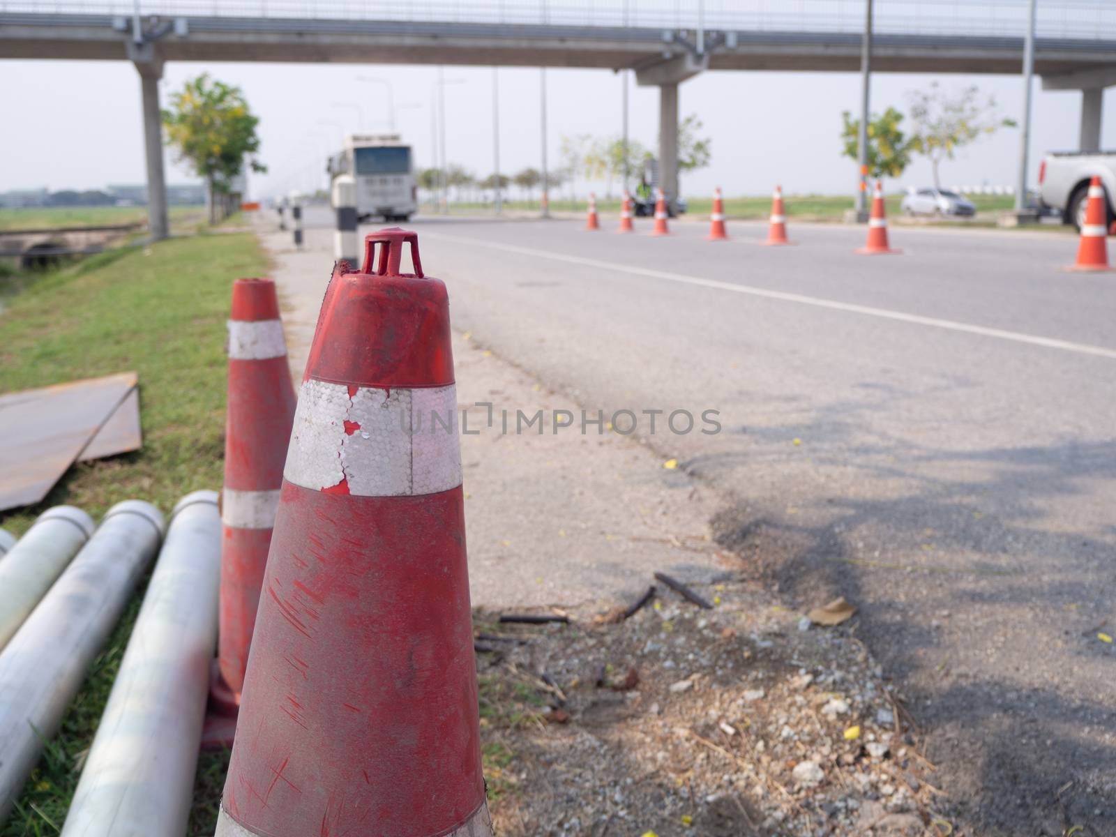 Traffic cones and " Diversion" sign outside