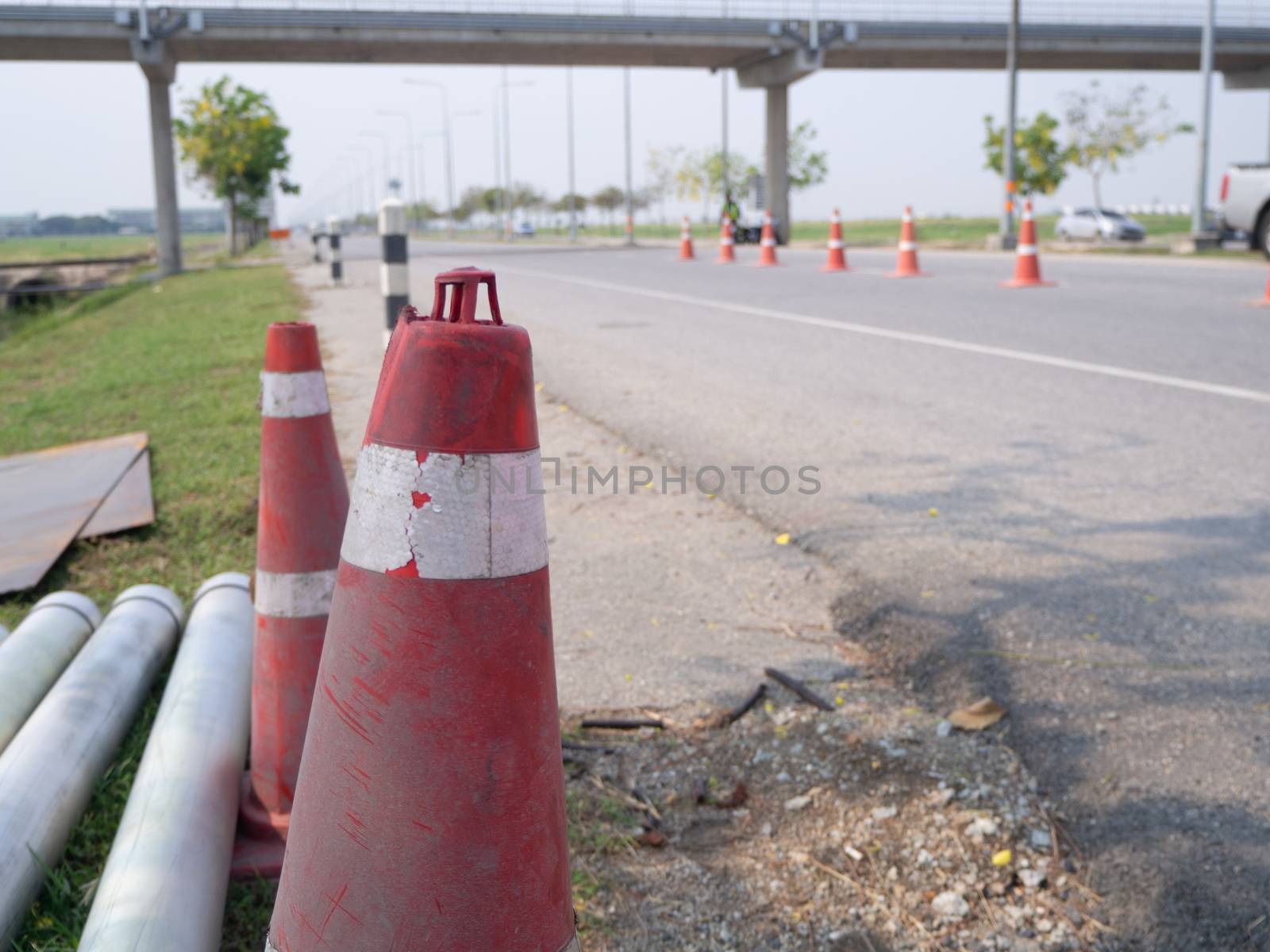 Traffic cones and " Diversion" sign outside