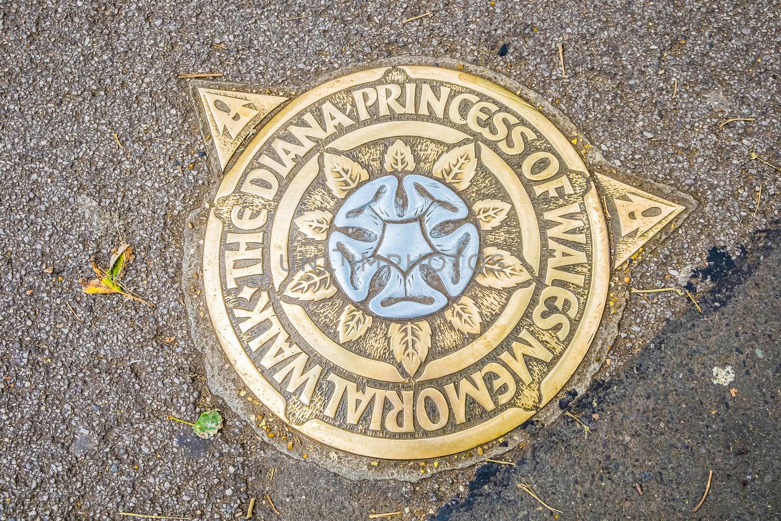 London, England Sept 27th 2016 Metal plaques in the pavement, marking the Princess Diana Memorial Walk in London. by paddythegolfer