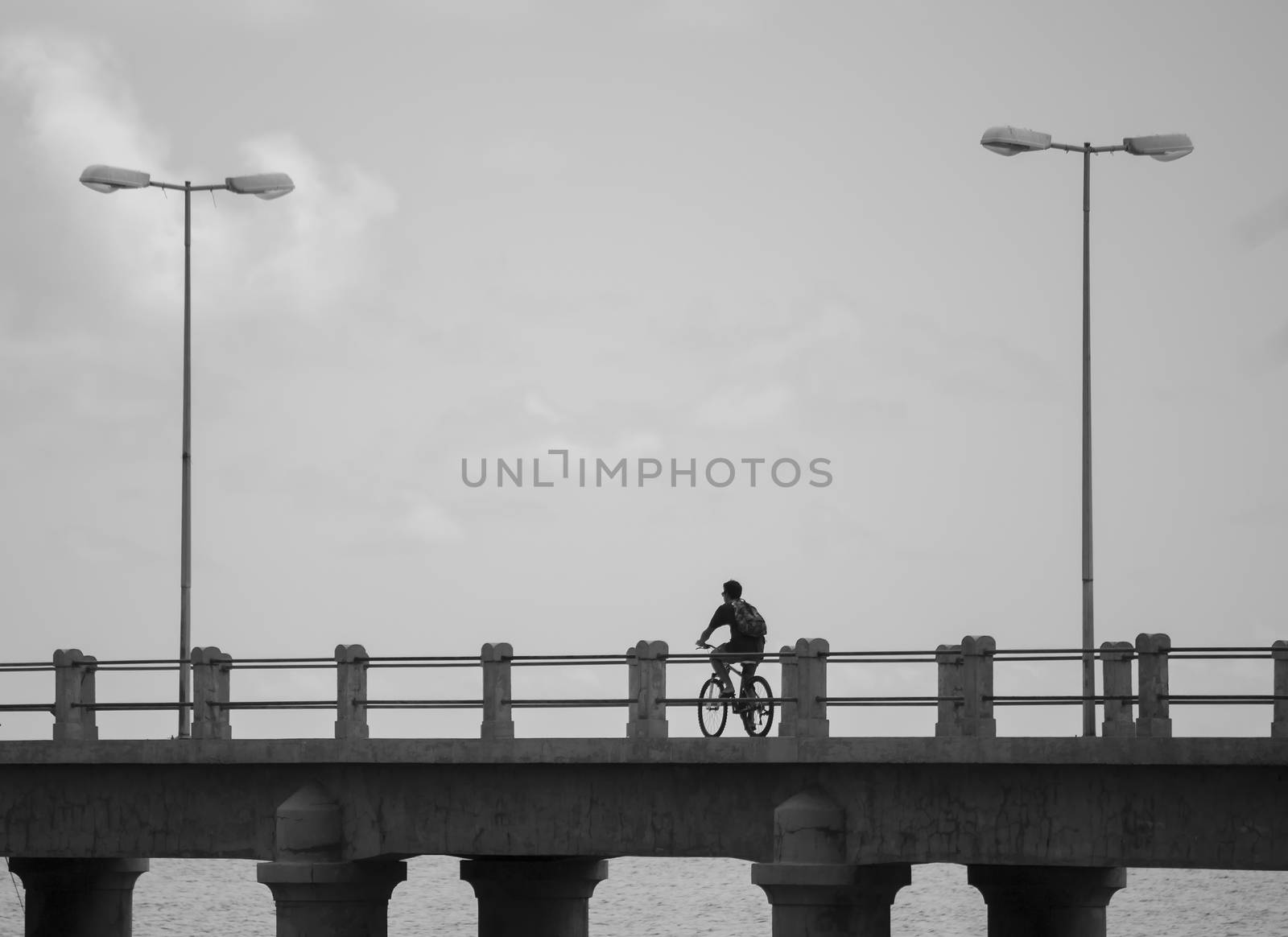 Silhouette of a cyclist crossing a bridge with street lights, in black and white