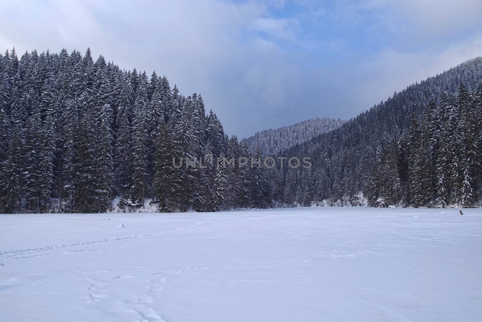 Frozen lake in the mountains, snow covered Red Lake in Romania, winter landscape.