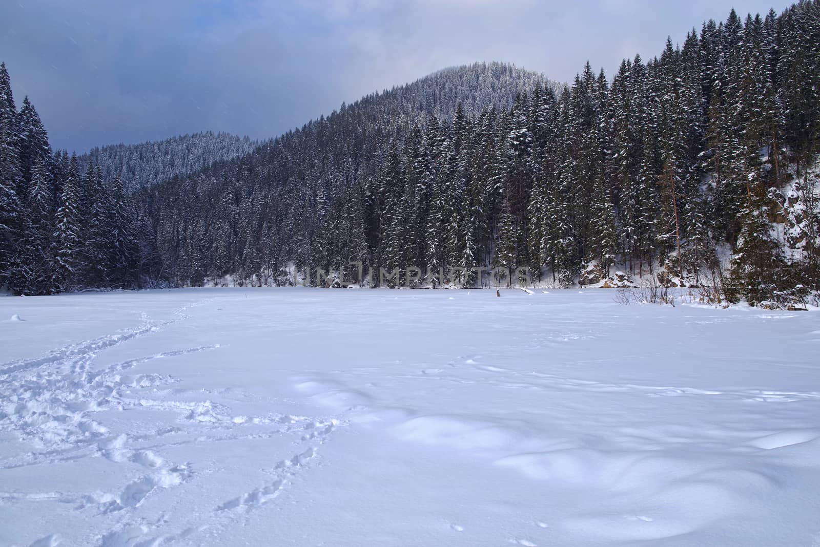 Frozen lake in the mountains, snow covered Red Lake in Romania, winter landscape.