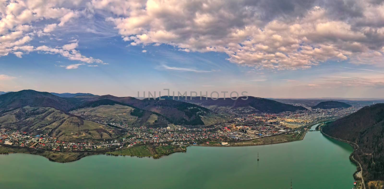 Aerial view of villages  and small city near river, Piatra Neamt in Romania