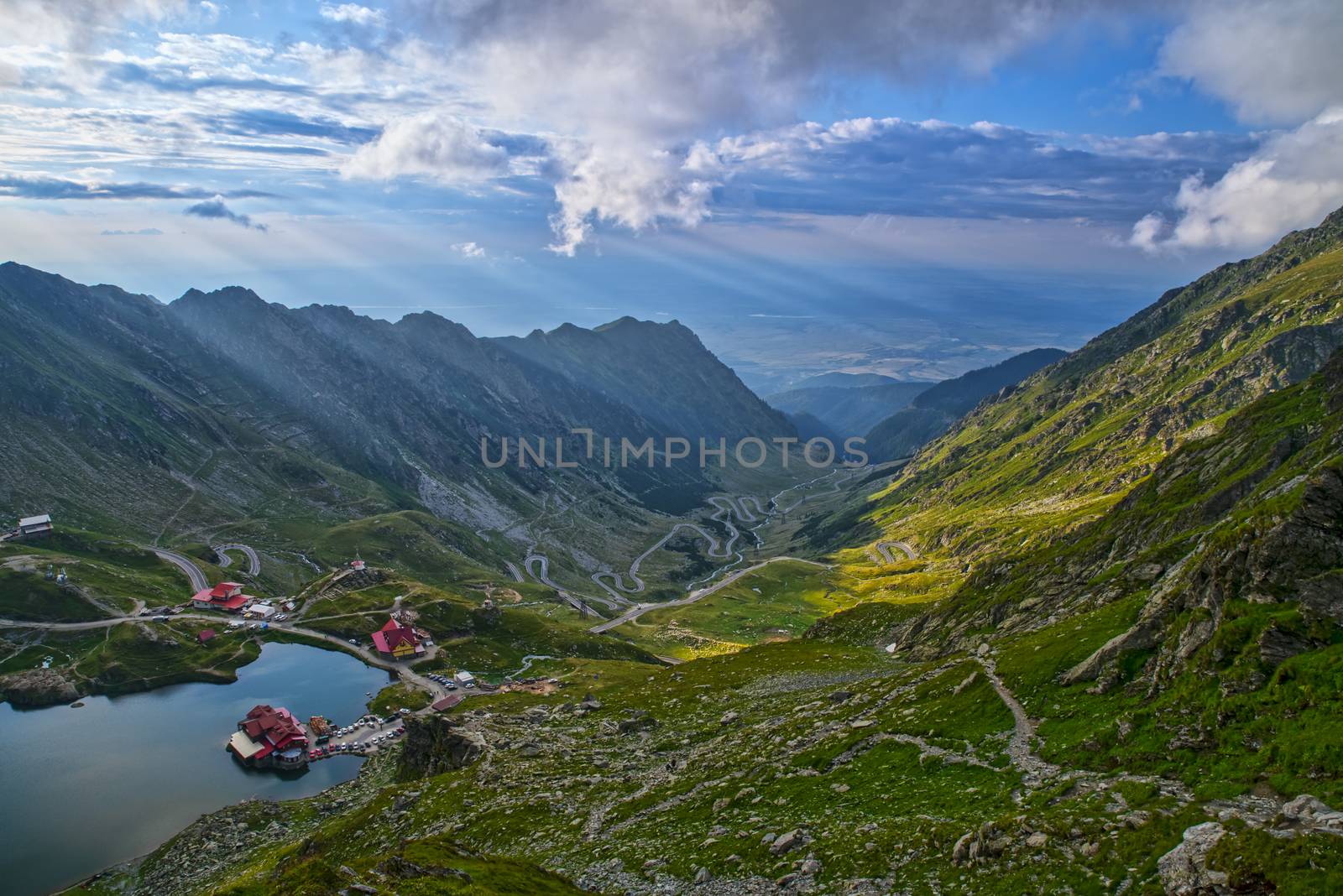 Transfagarasan road and shelters on Balea valley in Romanian Carpathians.