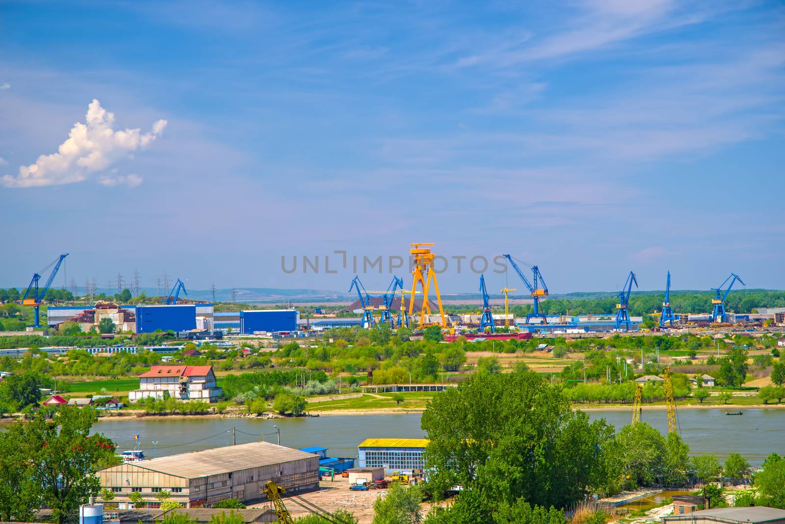 Industrial cargo port skyline, loading cranes by savcoco