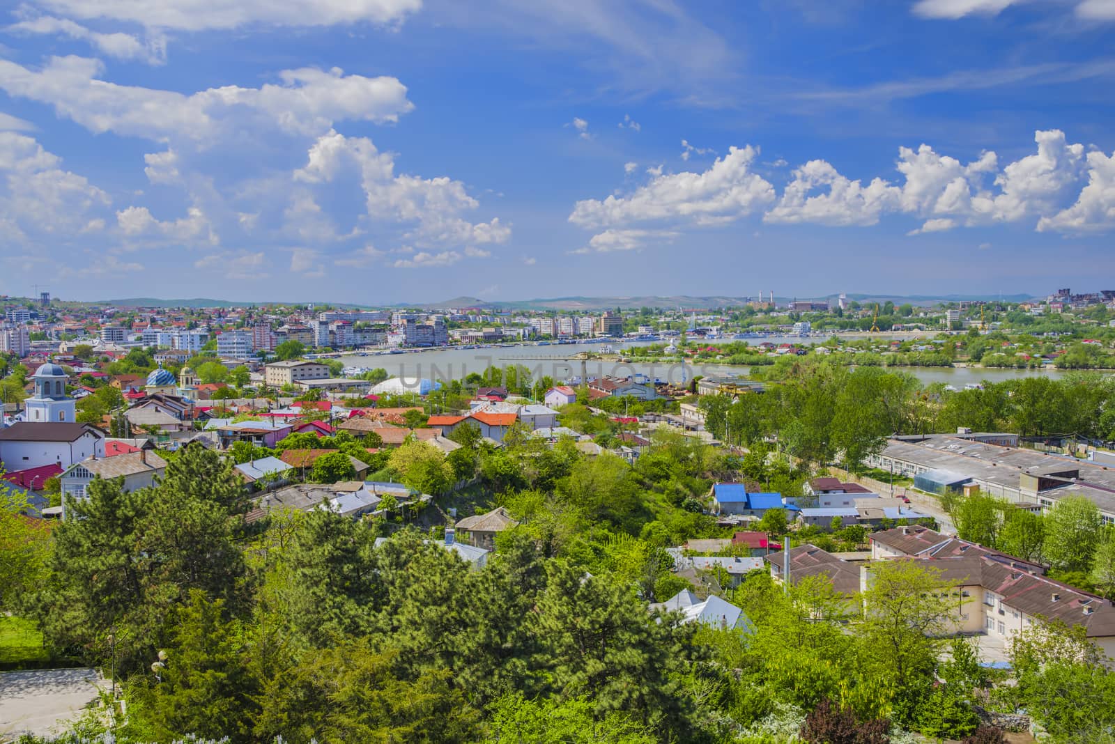 Tulcea port and Danube river in Romania, aerial summer scene