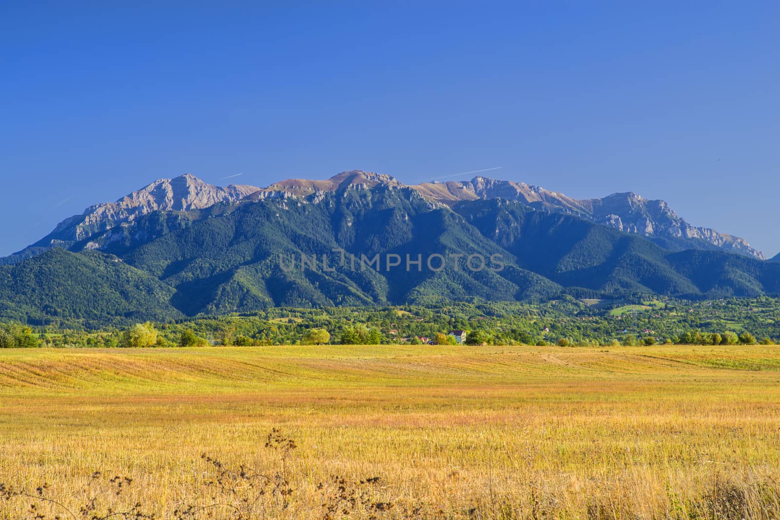 End of summer landscape in Romanian Carpathians: flat field, hill village, green forest and rocky alpine area.