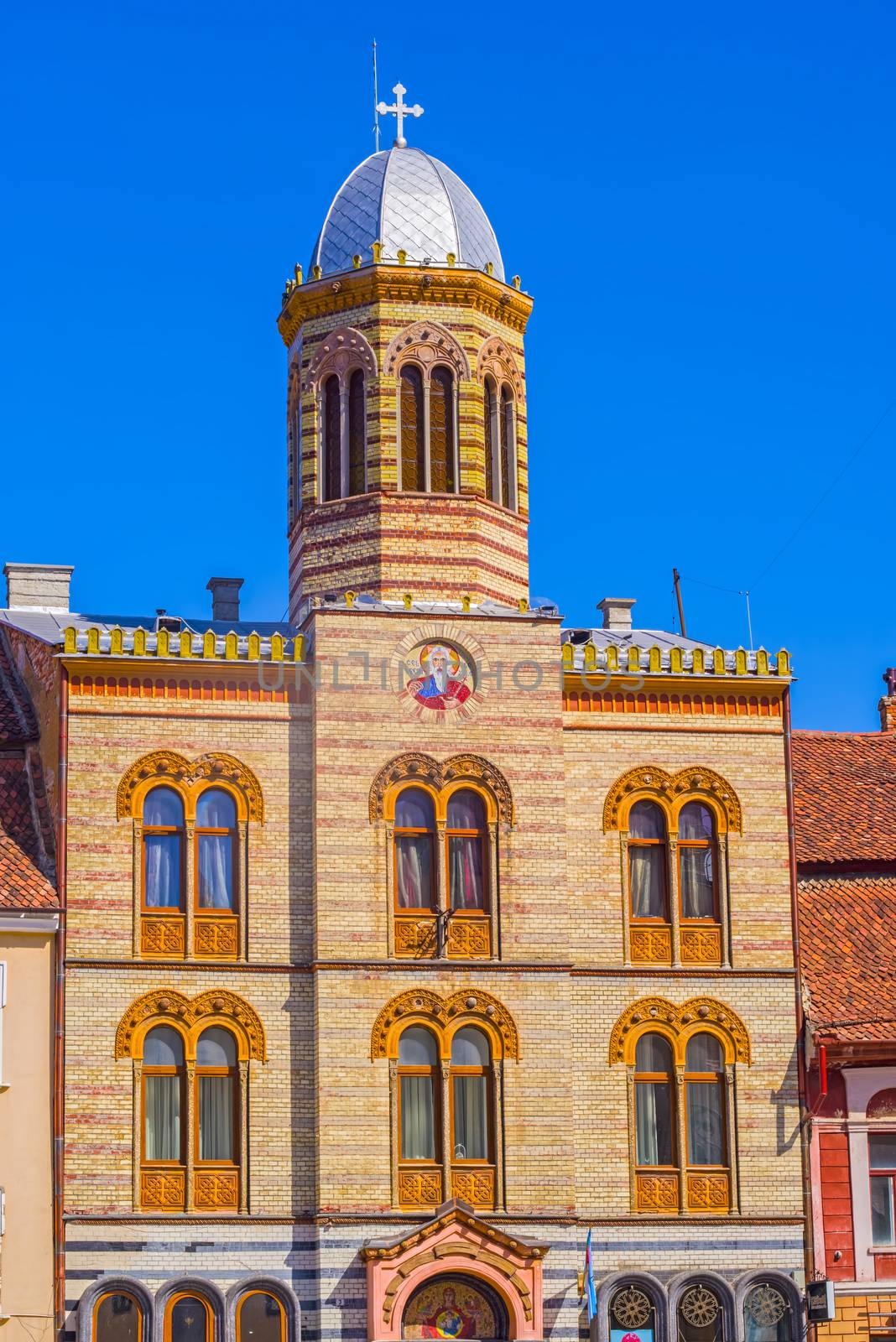 Silver tower cupola of a orthodox church in Brasov, Romania