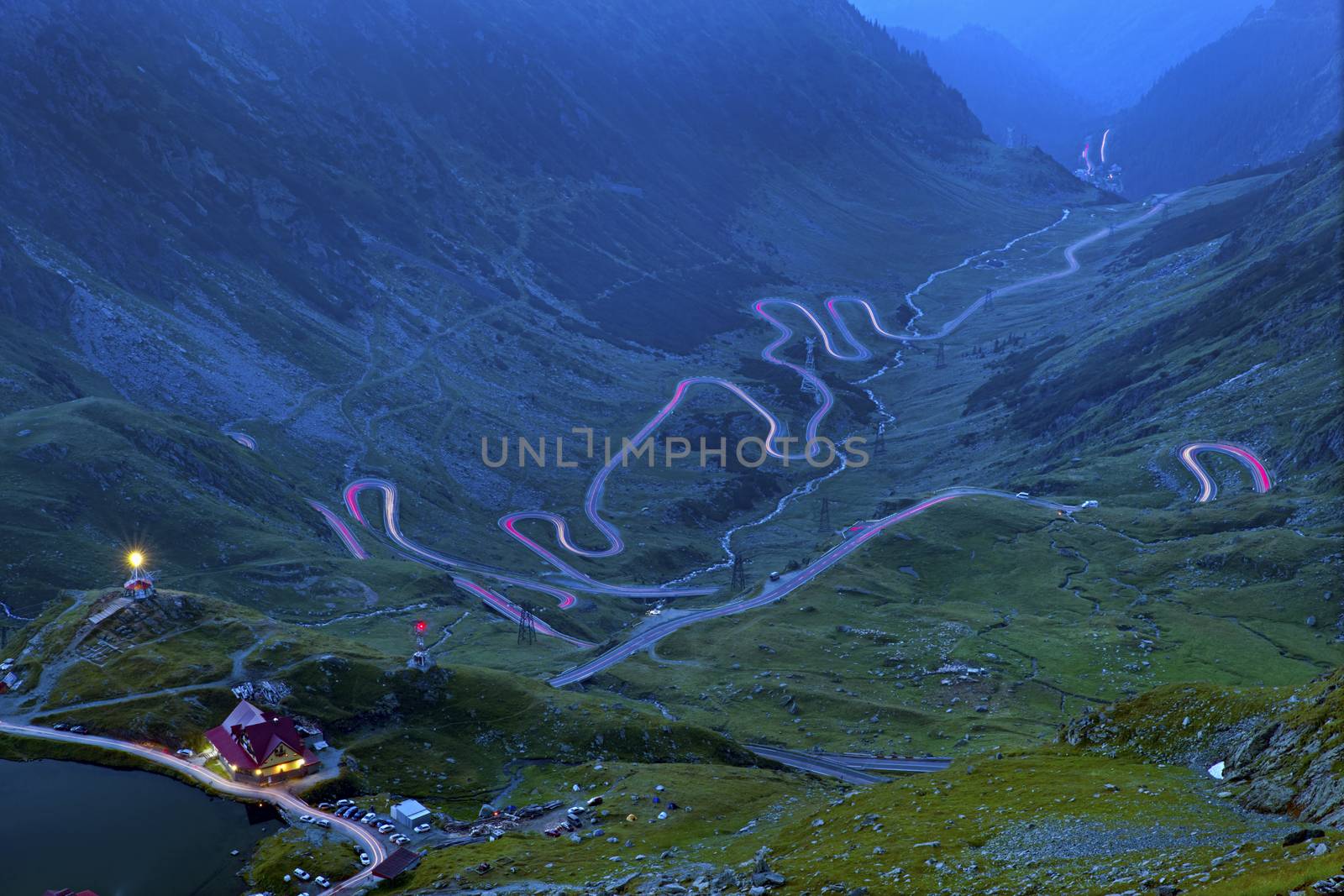 Long exposure picture winding road in mountains, Transfagarasan road in Romanian Carpathians.